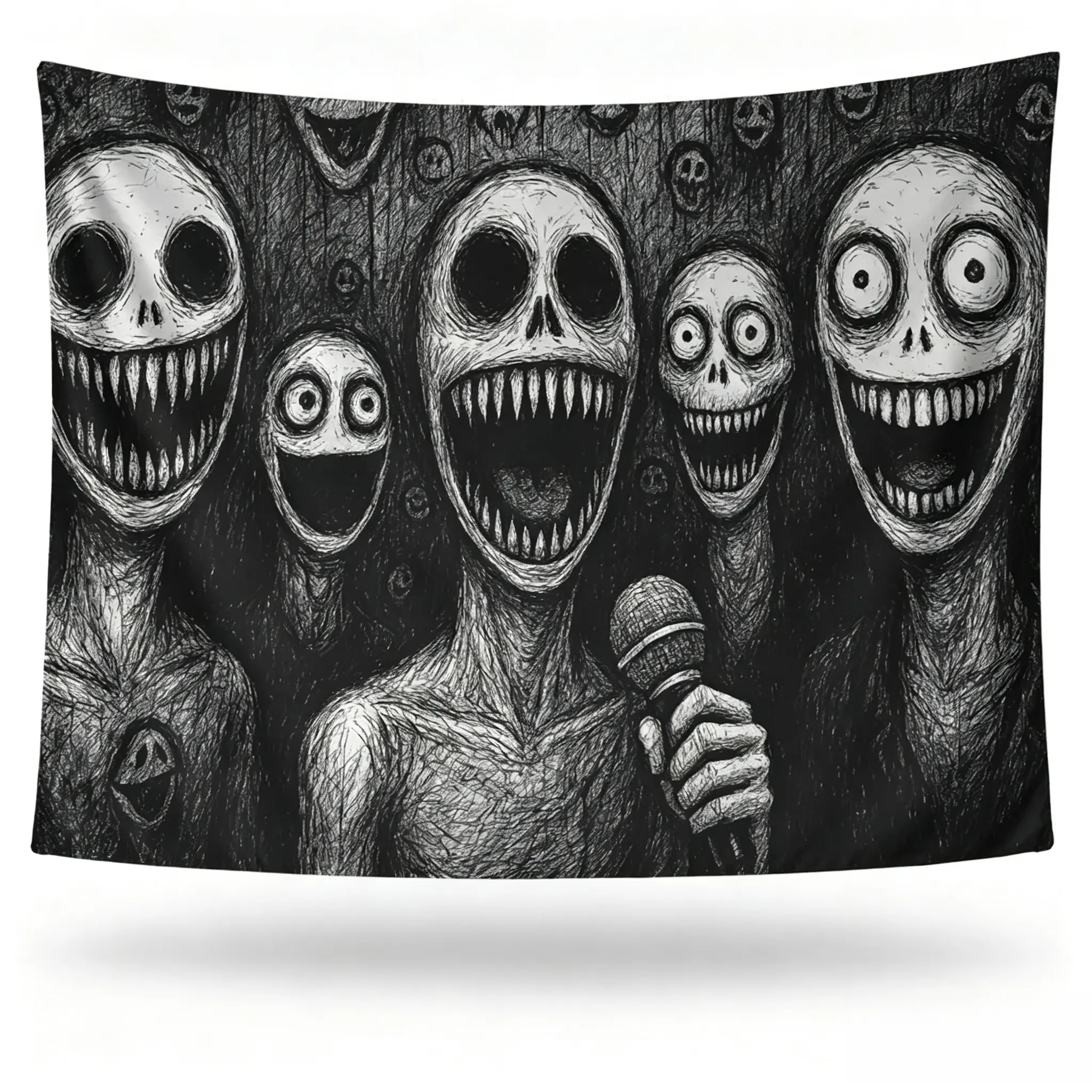 Creepy Horror Faces Tapestry – Black and White Gothic Wall Art, Haunted Forest Decor, Scary Backdrop for Spooky Room Vibes Scary Creepy Tapestry Dark Skeleton Monster Wall Decor Spooky Horror Party Background Decoration