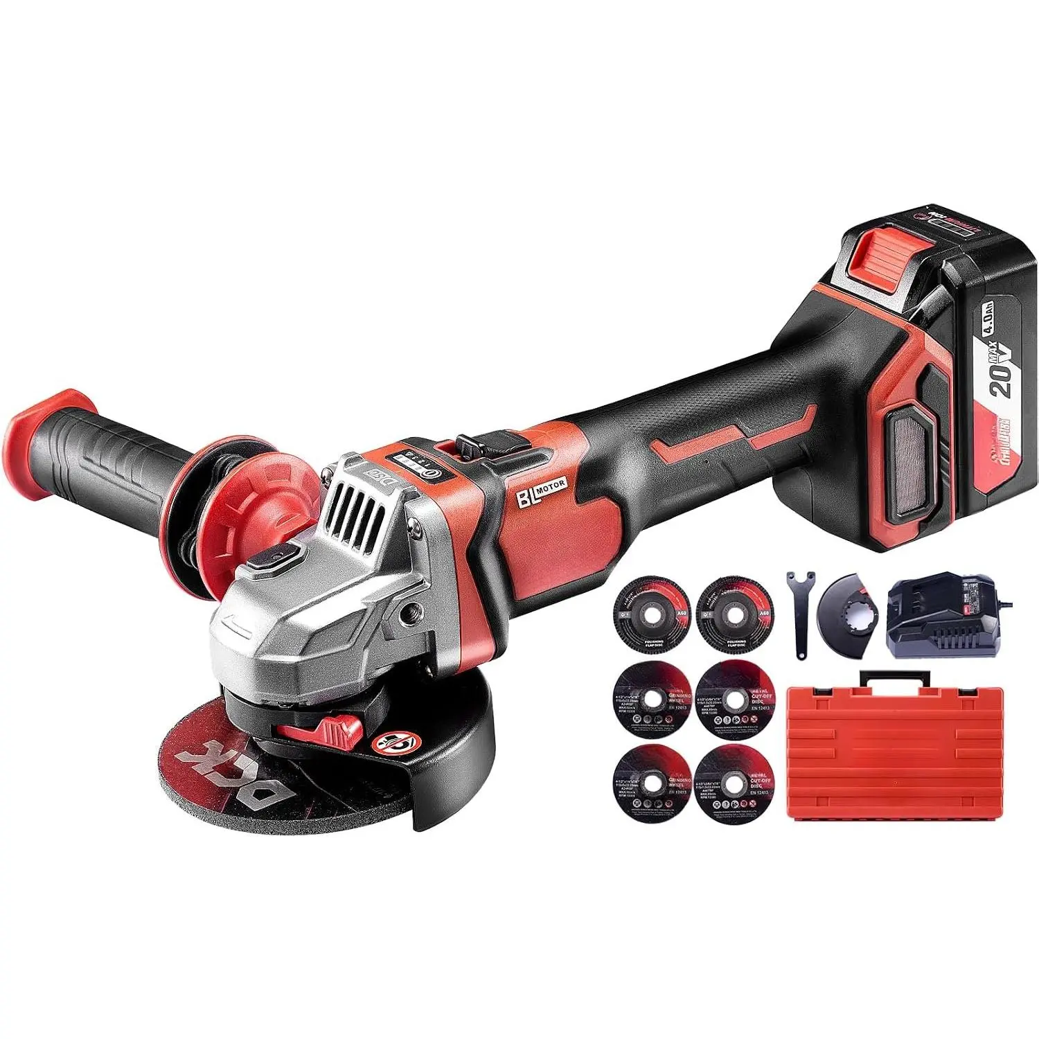 20V Cordless Angle , 4-1/2 Inch Brushless Power  Tool with 4000mAh , 6 count Discs (2 /2 Grinding/2 Polishing), Tool-Free Guard, Drop Control & Overload Protection