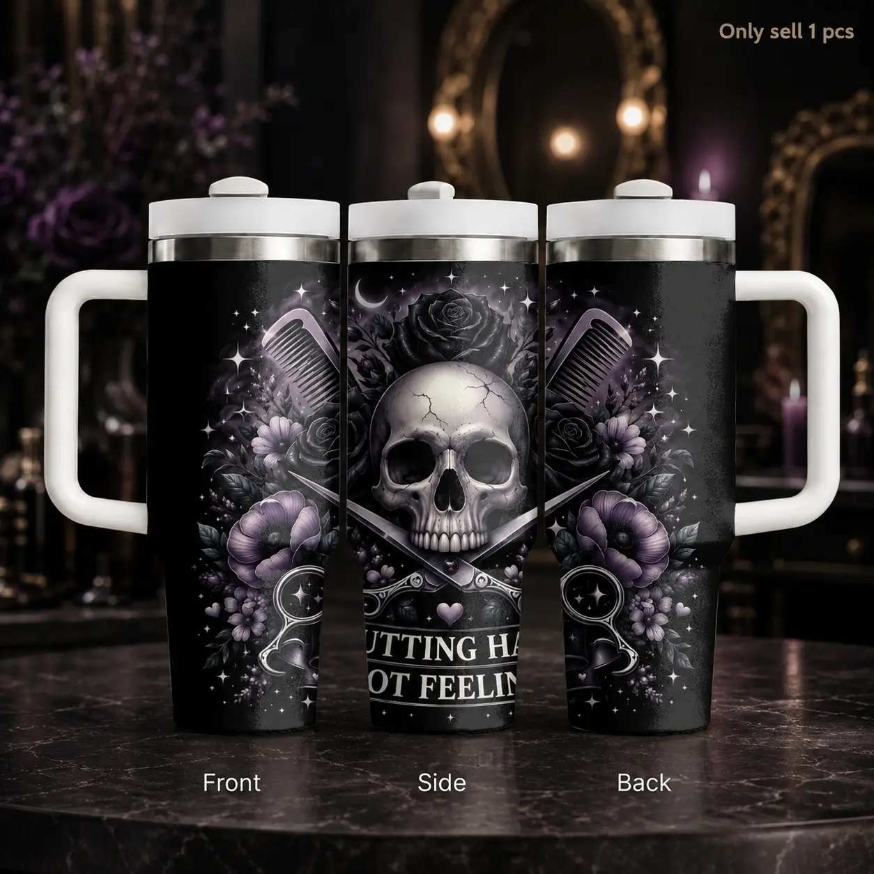 Scissor Queen Gothic Skull 40oz Tumbler for Hairstylists, Black Rose Salon Insulated Cup with Handle and Straw, Leakproof Stainless Steel Drinkware for Beauty School, Work and Stylist Gifts