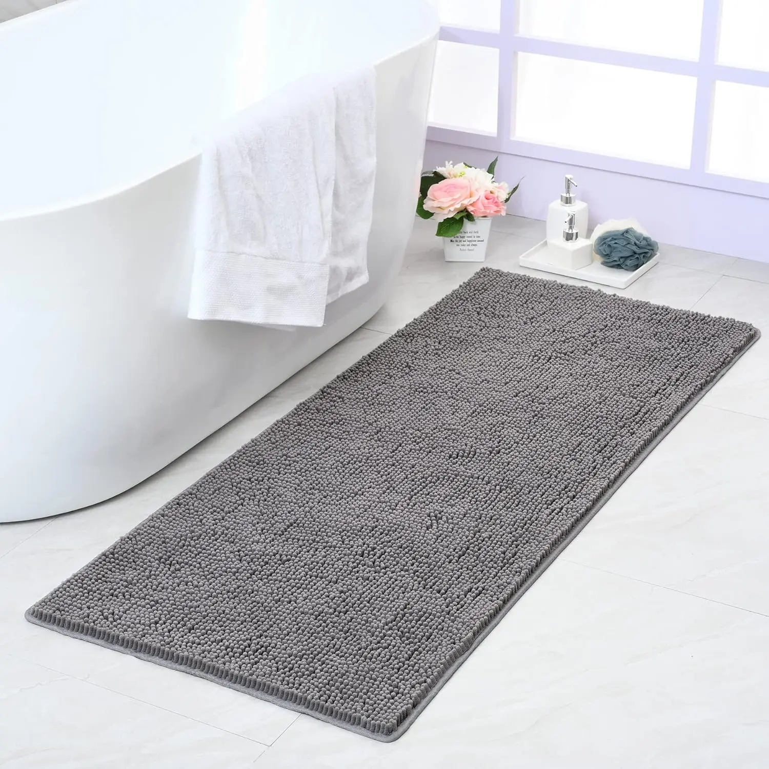 Pet Training & Behavior Aid Bathroom Runner Rug, 24x60in Thick Grey Chenille Shaggy Carpet for Dogs & Cats, Absorbent Soft Washable, Non-Slip Rubber Backing, Shower-Ready Durable Bath Mat