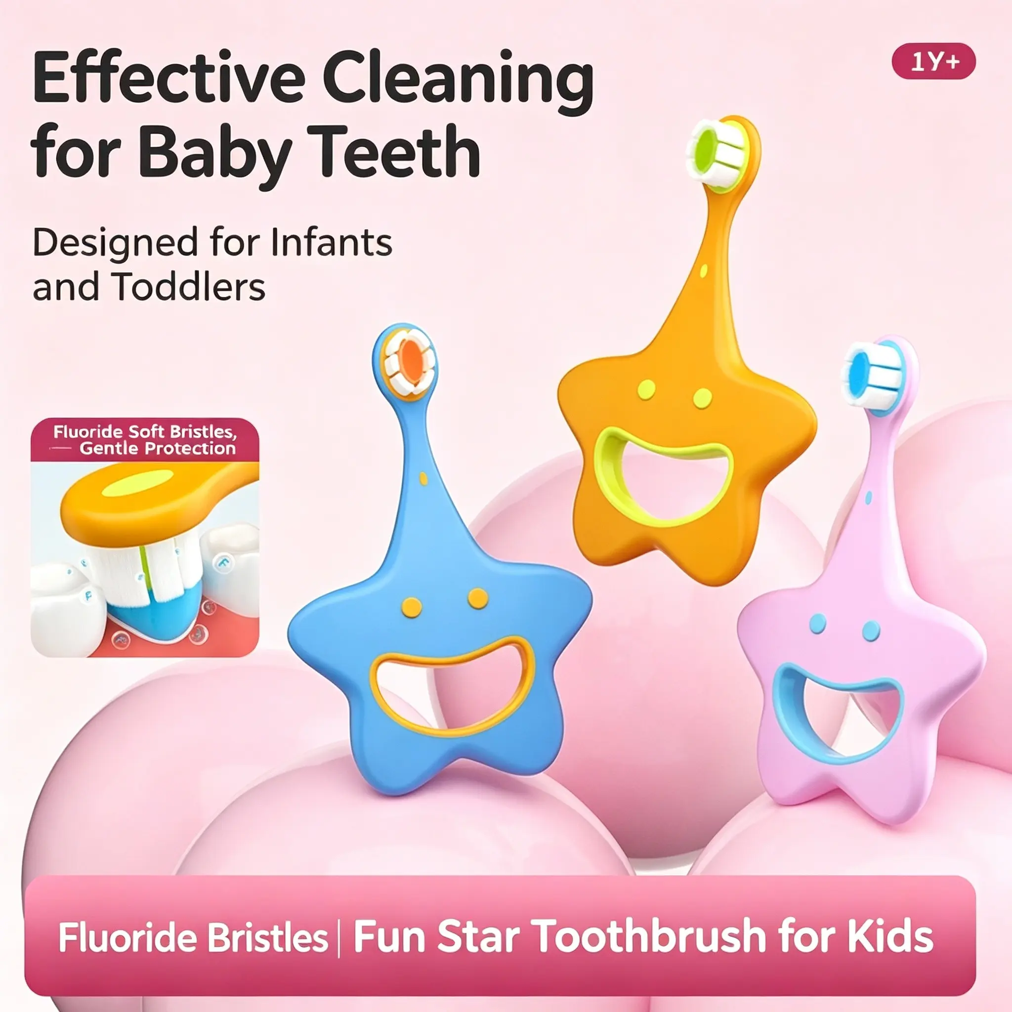 Children's toothbrush for infants aged 1-3, anti-poking toothbrush with fluoride, cute cartoon design, five-pointed star handle,Gentle Oral Care for Kids Perfect Gift for Young Ones