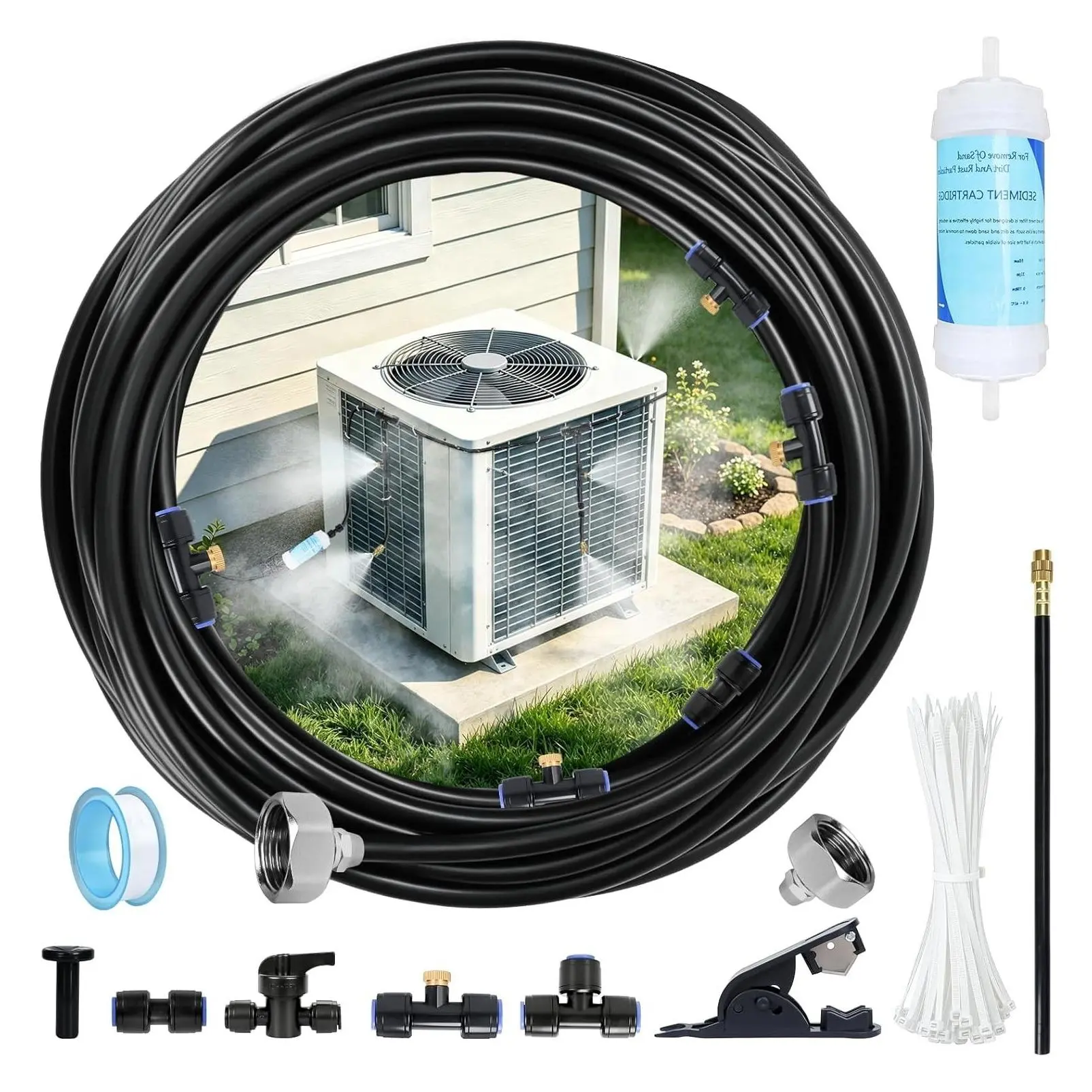 AC Condenser Misting Cooling System with Water Filter Cutter, Evaporative Cooler Kit for Residential AC Units in Sun-Exposed and High-Temperature ClimatesGift