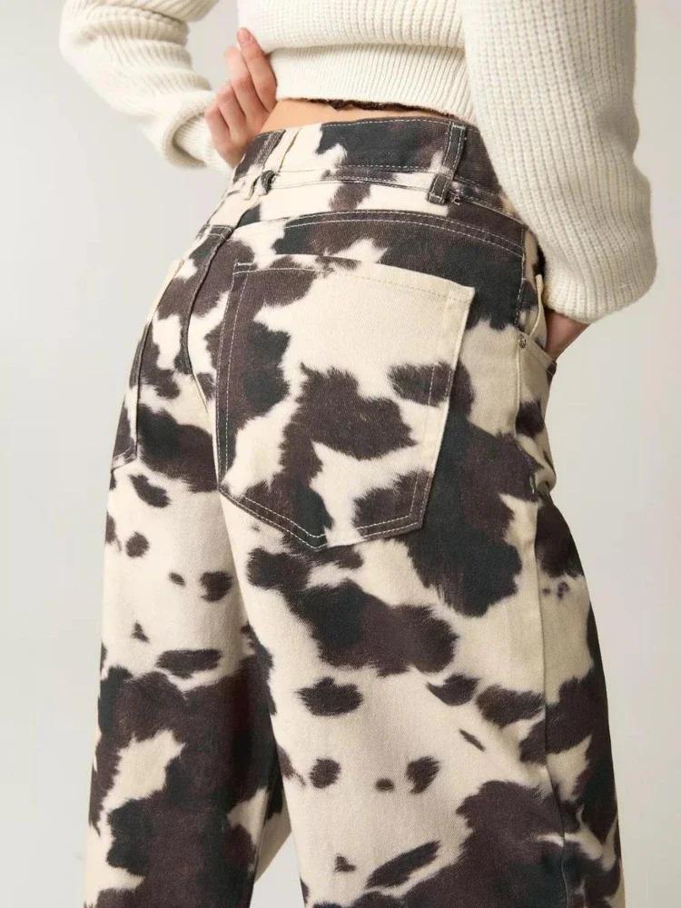 Vintage Cow Print Jeans Women Y2k Baggy Hip Hop Washed Denim Trousers ...