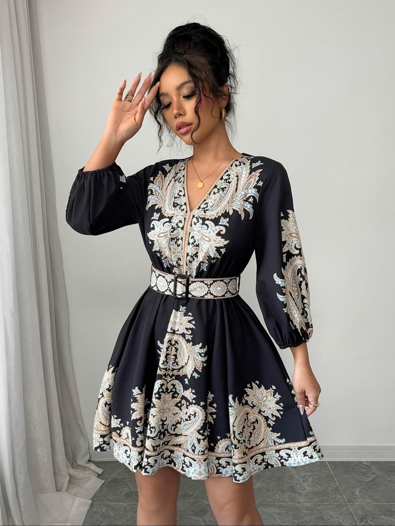 Women's Ethnic Style Floral Print Dress, Belt Detail, Casual Breathable Woven Elegant Vacation Look, Spring Summer A-Line Long Sleeve Ruffle Hem Dress