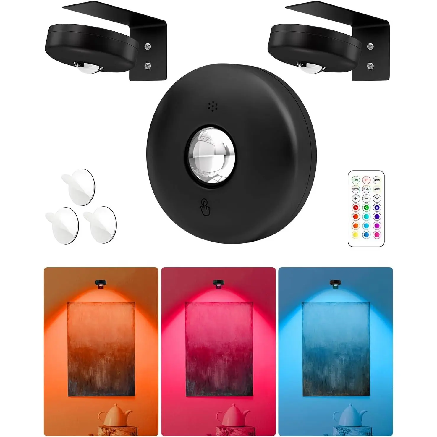 Yiliaw Picture Lights with Remote, Magnetic AAA Battery Operated Light, Under Cabinet Lighting, Tap Lights with Dimmer & Timmer for Kitchen, Closet, Shelf - 3 Pack, Black T024B
