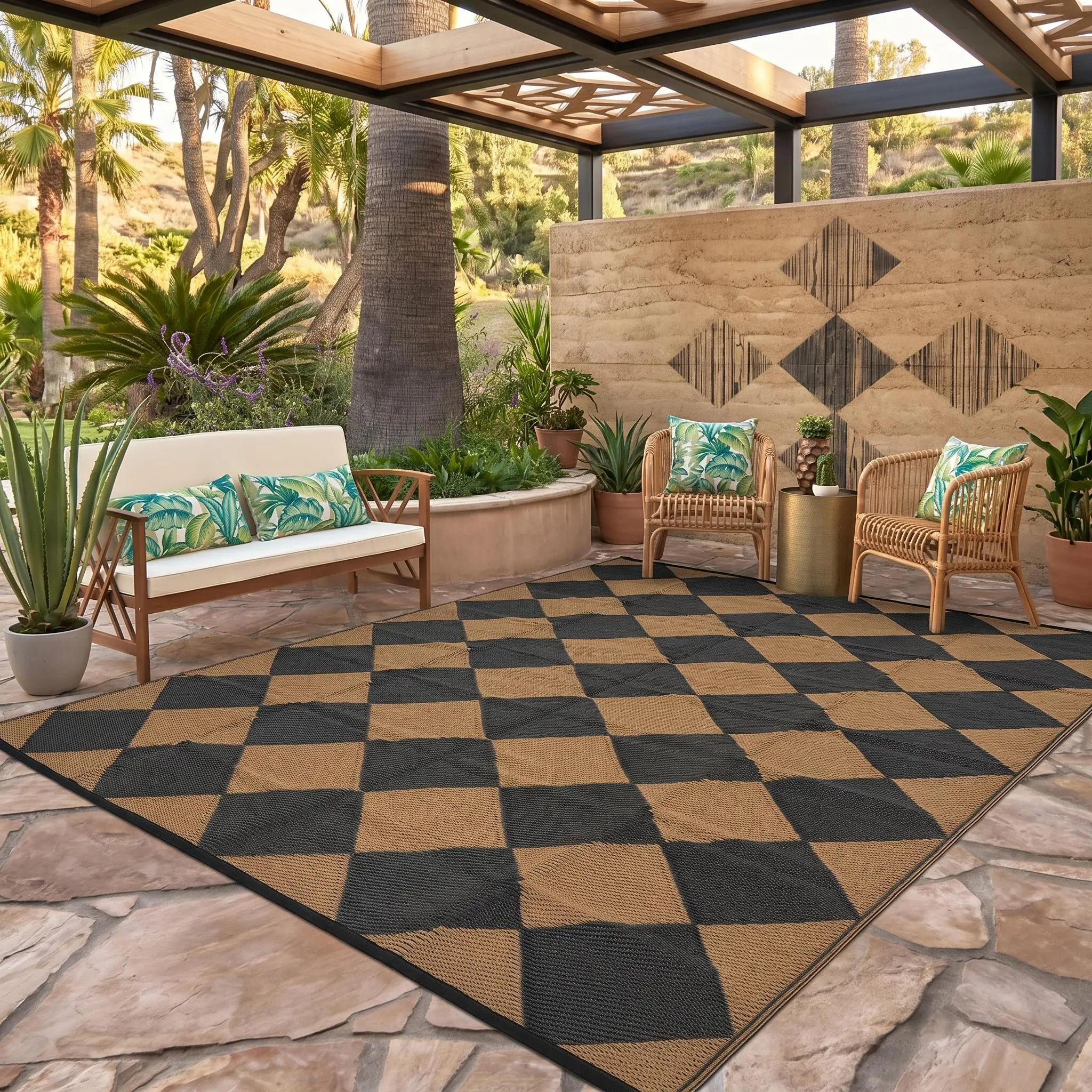 Outdoor Waterproof Carpet Double Sided Reversible Plastic Straw Carpet Waterproof And Foldable Modern Geometric Grid Outdoor Carpet For Patios Terraces Balconies Beaches RVs