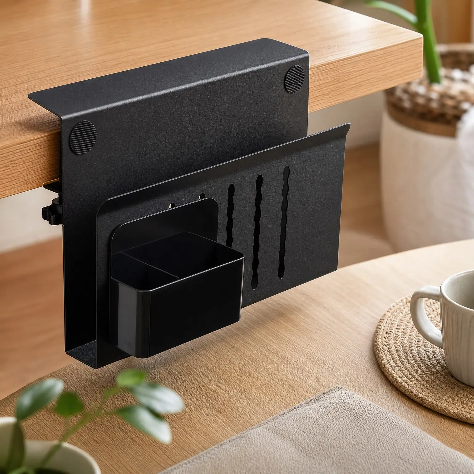 No-Drill Clamp-On Desk Side Storage Organizer with Laptop Holder and Pen Holder, Steel Hanging Side Desk Storage for Home Office, Fits 0.3" to 2.8"Gift