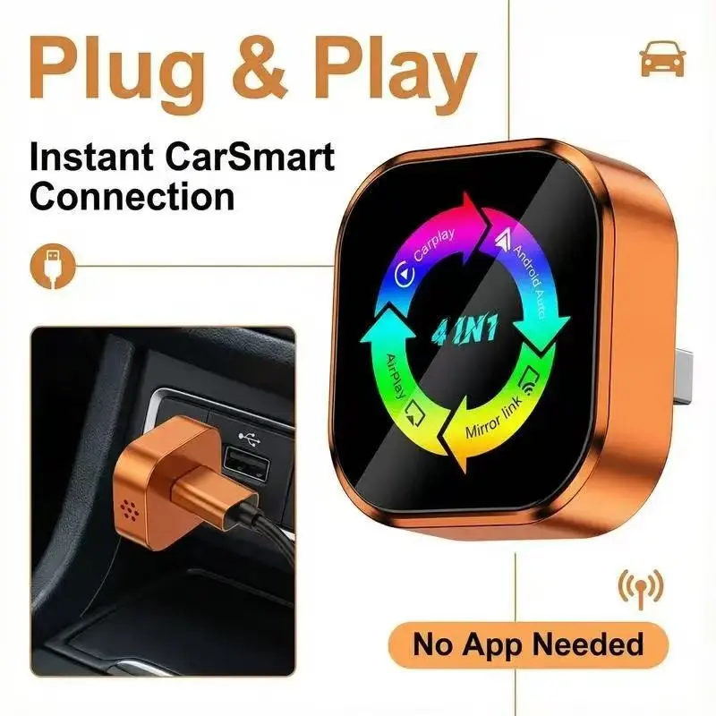 Upgrade 4-In-1 Carplay Wireless Adapter, Compatible with iPhone/android, Fast Connection, Hands-Free Call, Airplay, Mirror Link, Bluetooth-compatible 5.0