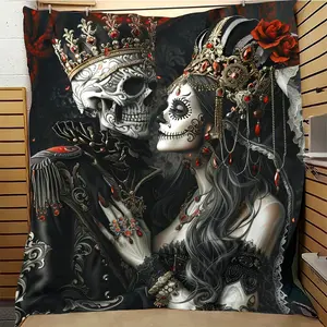 Bohemian Gothic Skull Couple Crown & Red Roses Flannel Throw Blanket, Ultra-Soft Polyester All-Season Cozy Cover for Sofa Bed, Gift for Adults and Children, Kid Room Decor, Birthday Halloween Gift