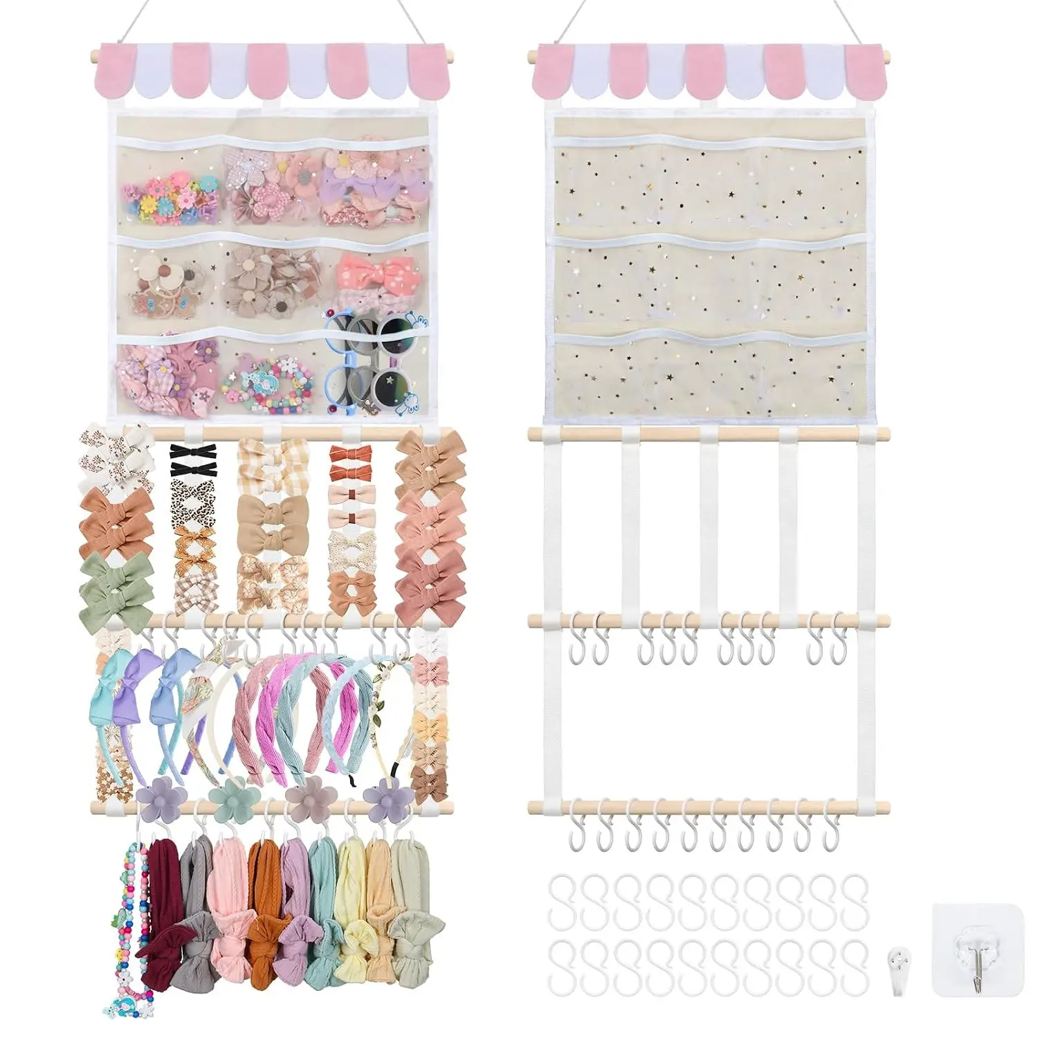 New Upgraded Bow Organizer for Girls, Headband Holder w/ 9 Mesh Pockets,Hair Bow Holder Clip Organizer, Wall Hair Accessories Organizer for Baby Girl Nursery Decor(32x15inch,Beige Pink)