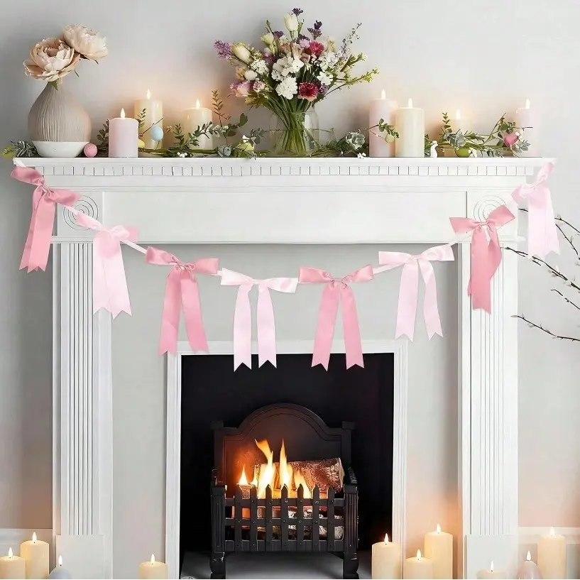 Ribbon Hanging Ornament, Pink Bow Floral Garland Decor, Party Bunting Banner, Party Decoration Banner, Suitable For Birthday Party, Baby Shower, Wedding Party And Other Bow-Themed Events