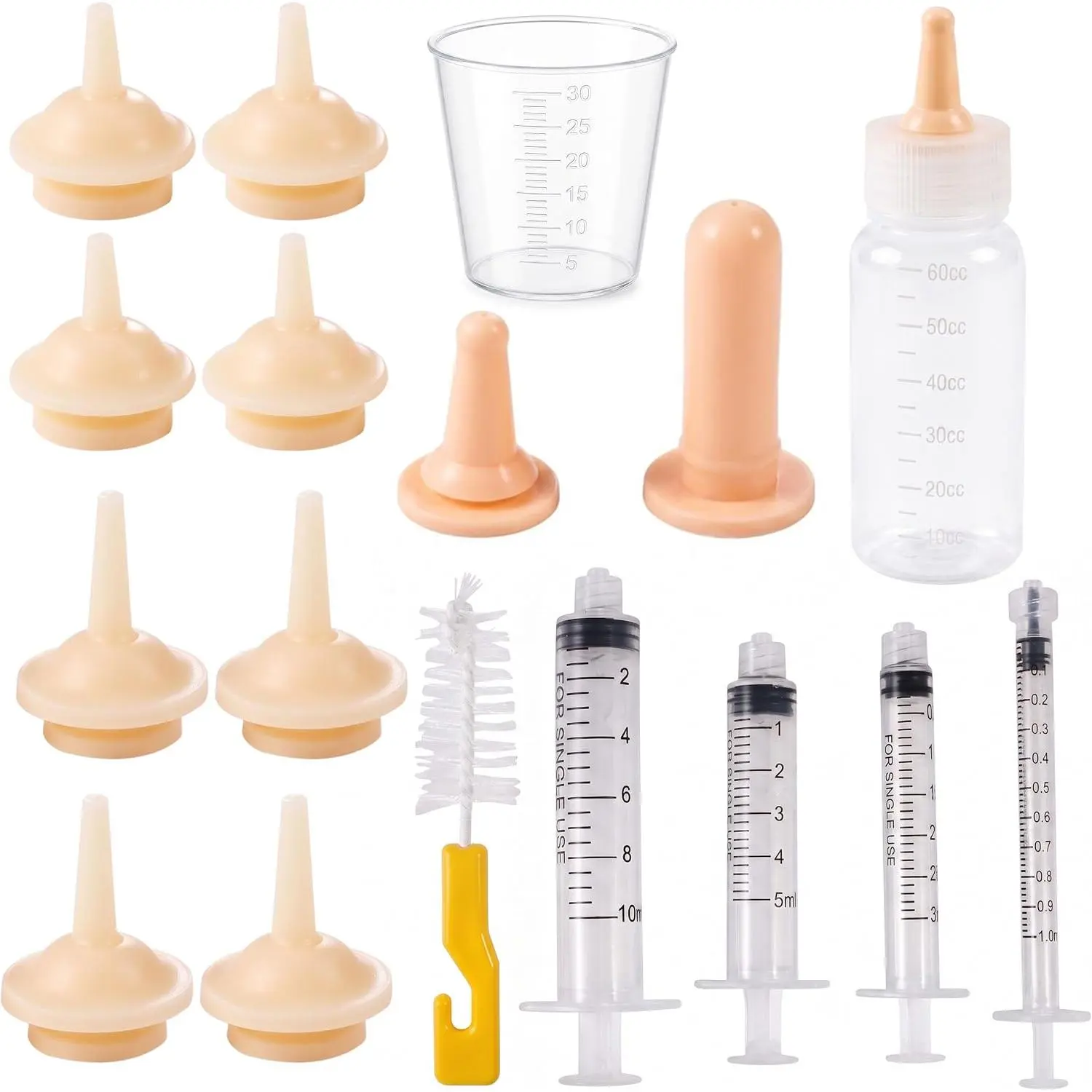 Feeding Kit, 60cc  Bottle + Multiple  Feeders + 10  Nipples + Cleaning Brush, Milk Feeding Tool Set for Puppy Kitten Hamster  Small Pets