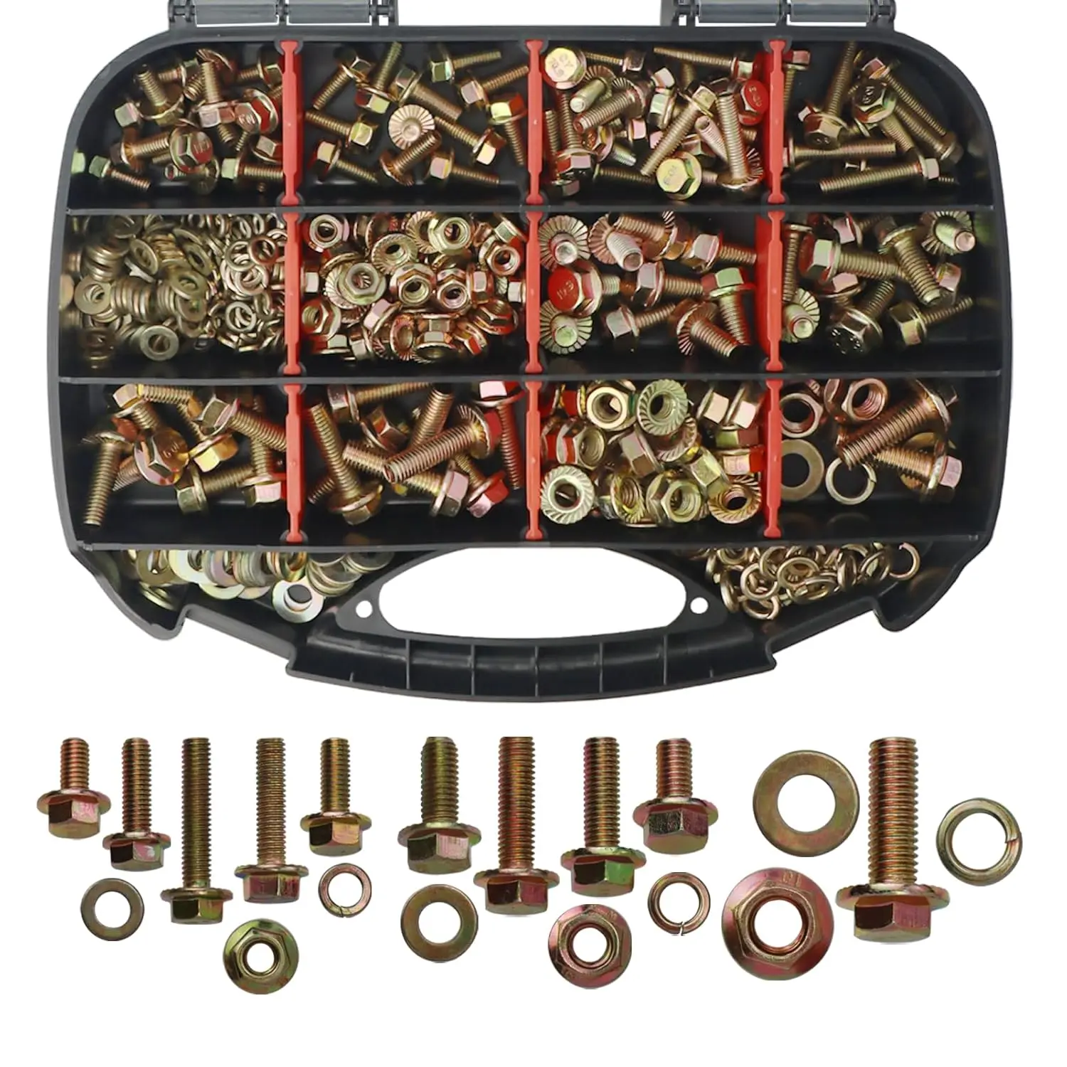 404 count Class 10.9 Metric Flange  Kit - M6 M8 M10 (12-30mm) Serrated Hex  with Nuts & Washers, Yellow Zinc, Storage Case for Light Equipment & DIY