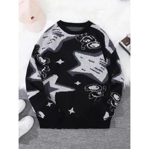 18ACTIVEKITMen's celebrity and astronaut jacquard round neck sweater, spring and autumn casual regular long sleeved jumper, fashionable aesthetic men's knitted sweater, knitted sweater clothing