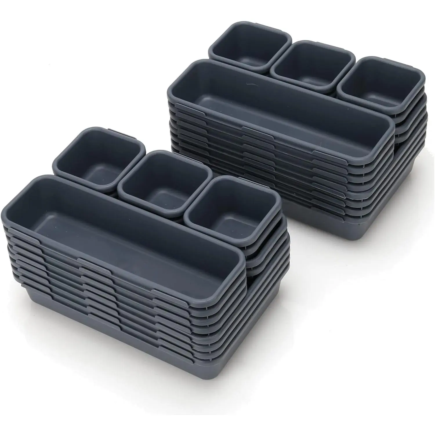 32-Pack Durable Plastic Rectangle Desk Drawer Organizer Trays - Small Dividers, Rounded Corners, Shallow Depth, Stackable Storage Bins for Organizing Office, Bathroom Space-Saving Needs
