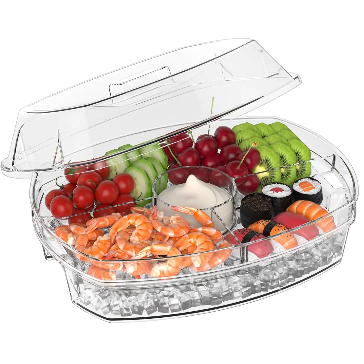 Transparent Fruit and Vegetable Tray, Appetizer Tray, Party Tray with Lid and Sauce Rack, Four-Compartment Design, Perfect for Holding Fruits, Vegetables, Shrimp, and Cocktails, Keeping Food Cold, Halloween and Christmas Kitchenware.