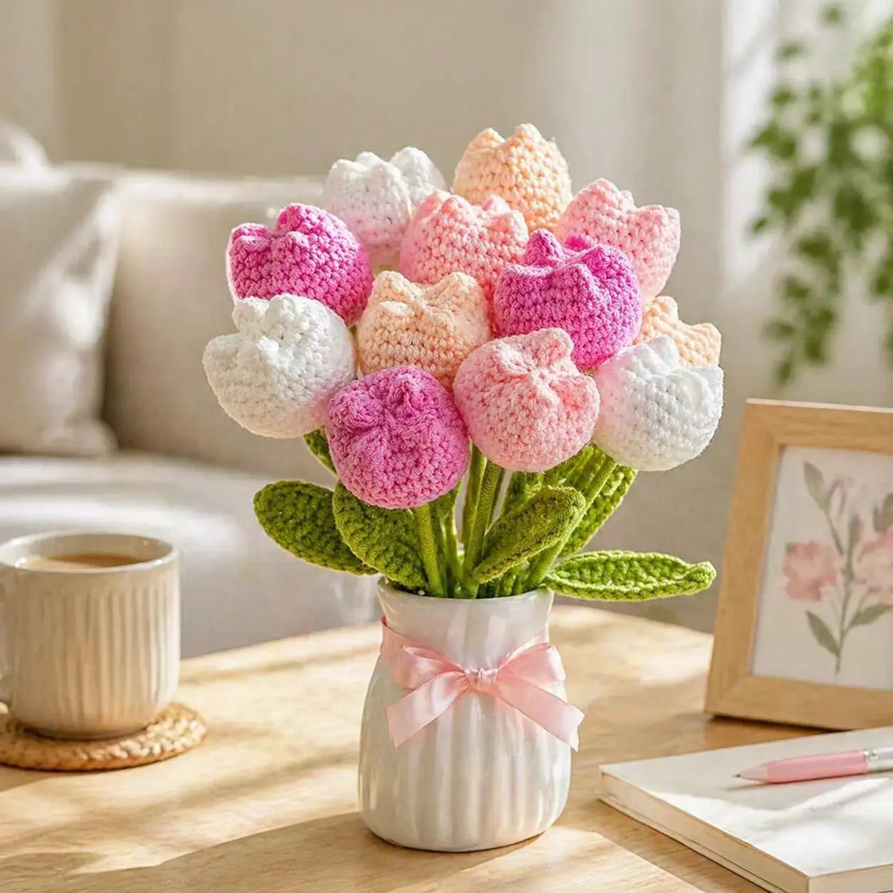 12-Pcs Handmade Crochet Tulip Flower Set, Vase-Free Artificial Bouquet, Long-Lasting Fake Flowers for Home Decor Centerpiece, Mother's Day Gift, Artificial Flower Decoration