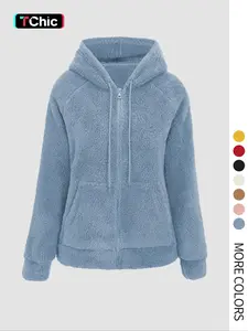 Women's Hooded Plush Jacket with Pockets & Drawstring, Casual Fitted Zipper Outerwear for Spring Autumn Winter All Seasons