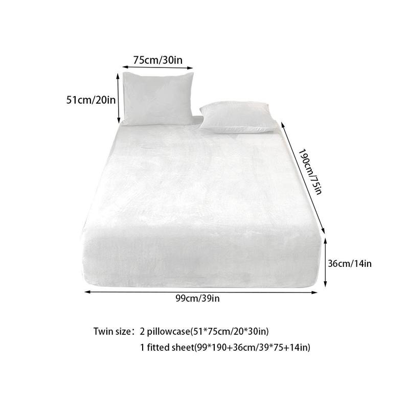 Solid Color Fitted Sheet and Pillowcase Set, 3 pcs/set Including 1 Plush Fitted Sheet and 2 Pillowcases without Filler, Soft Bedding Set