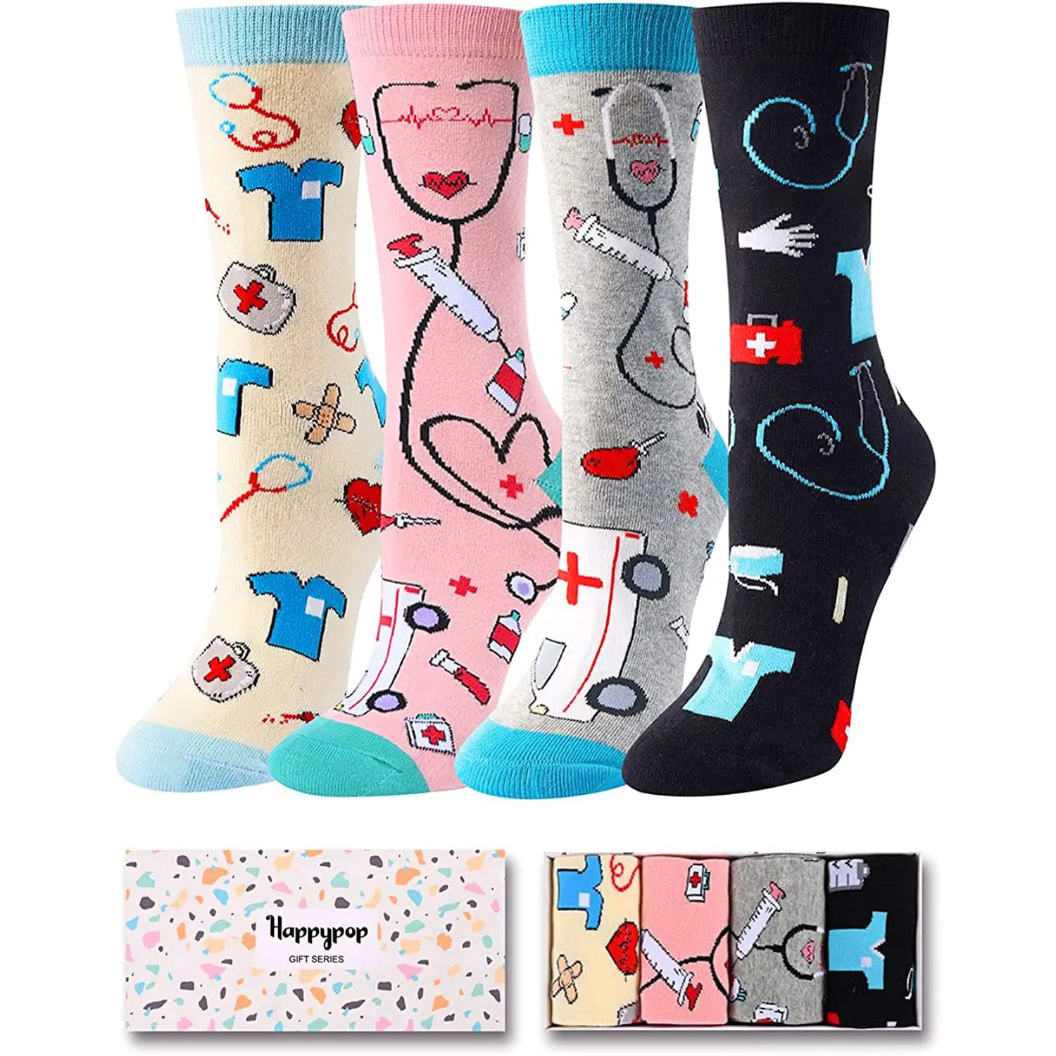 HAPPYPOP Four Pairs Nurse Women Medical CNA Doctor Socks, Nurse Student Medical Assistant Gifts RN Gifts