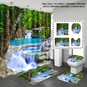 [Popular Choice]1pc/4pcs, bathroom curtains shower, bathroom set, shower curtains, bathroom decor,bathroom rug, home decoration, bathroom mat, forest and waterfall patterns, natural theme decoration, bathroom set, with 12 hooks.