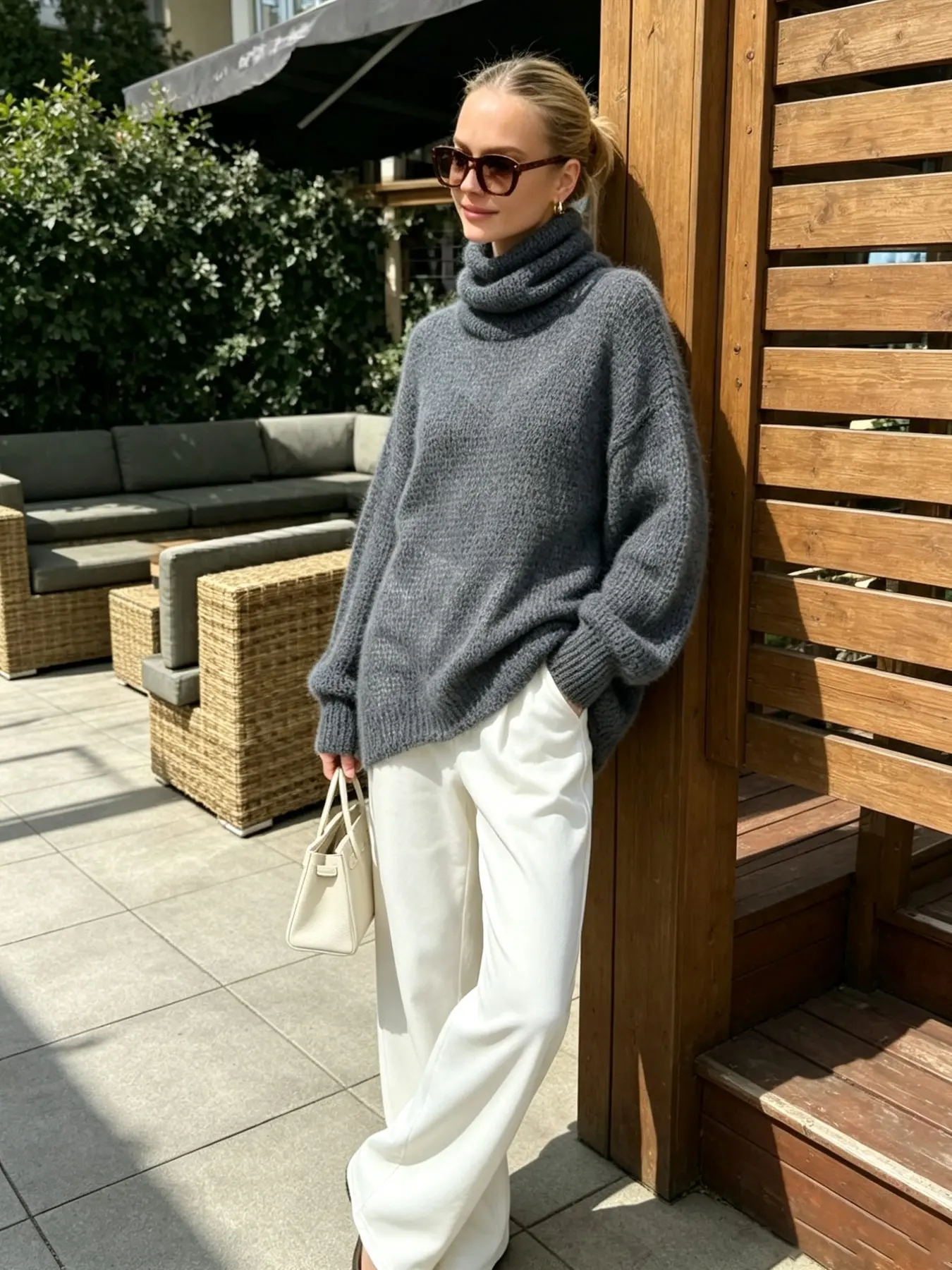 High-End Blue Knit Pullover, Hollow Out Mesh Lightweight Transparent Fabric, Loose Long Sleeve Soft Sweater, Casual Spring & Fall Top, Turtleneck