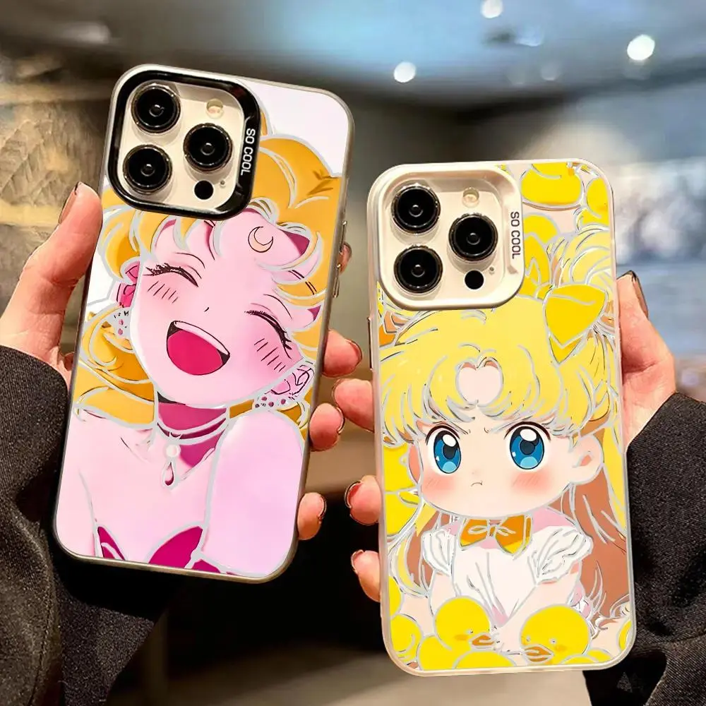 Cute S-ailor M-Moon Phone Case Usagi Tsukino Pink Smile Chibi Yellow Duck Cute Anime Frosted Clear Cover for iPhone 17 Air 16 15 14 13 12 11 Pro Max Plus and Samsung S26 S25 S24 S23 S22  Soft TPU Shockproof Magical Girl Aesthetic Protective Case for Girls