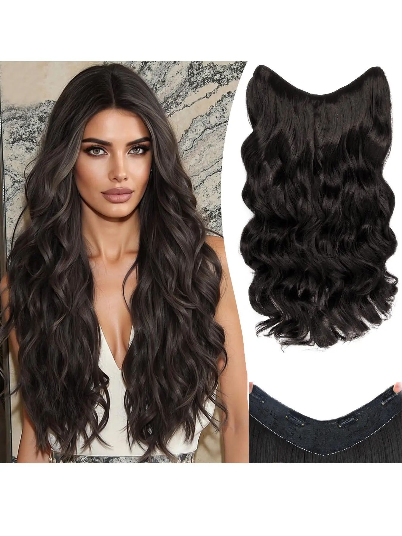 V-shaped One Piece Hair Extensions for Women, Long Big Wavy Curly Hair, Natural Invisible Synthetic Fiber Hair Pieces, Volume Boost Thickening Hair Extensions, Curly Wave Extensions