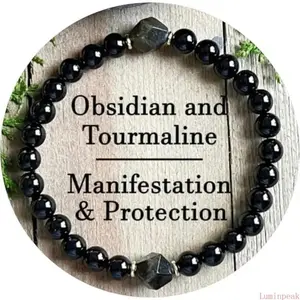 Minimalist Beaded Stone Bracelet with Polished Obsidian & Black Tourmaline, Adjustable Band for Men & Women