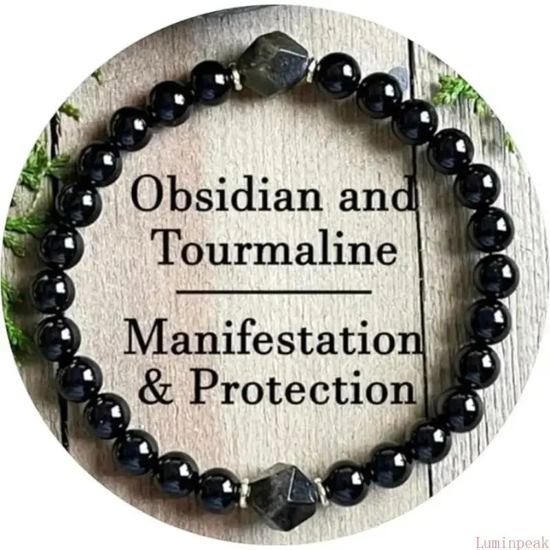 High Quality Bracelet for Men & Women, Minimalist Polished Obsidian and Black Tourmaline Adjustable Band for Outdoor Sports