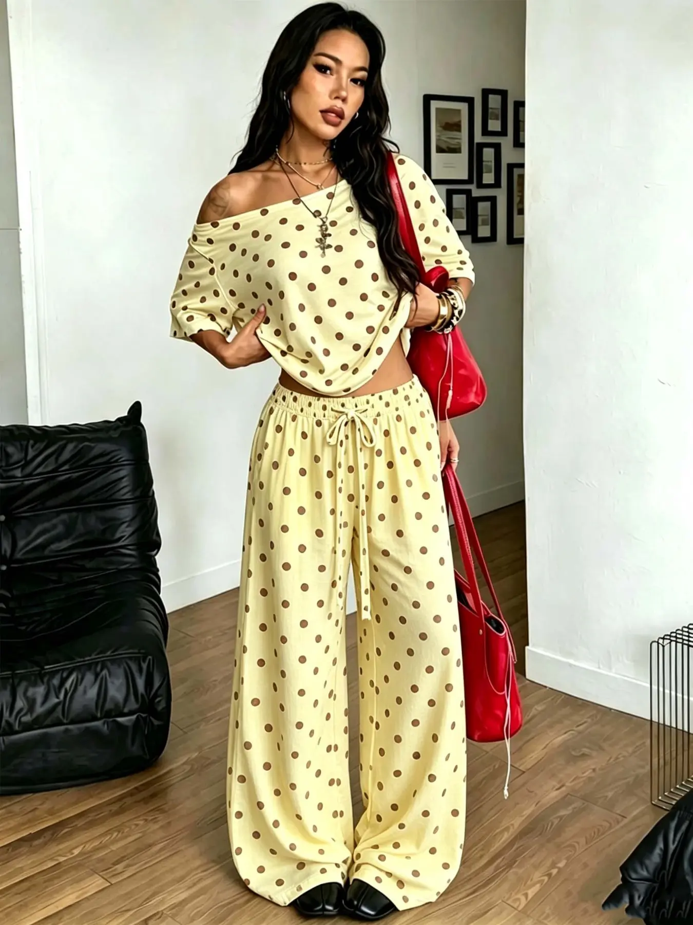 Y2K Chic Casual Set, Korean Lazy Wave Dot Shoulder Two-Piece, Polka Dot Design, Trendy for Home, Street, Coffee Shop