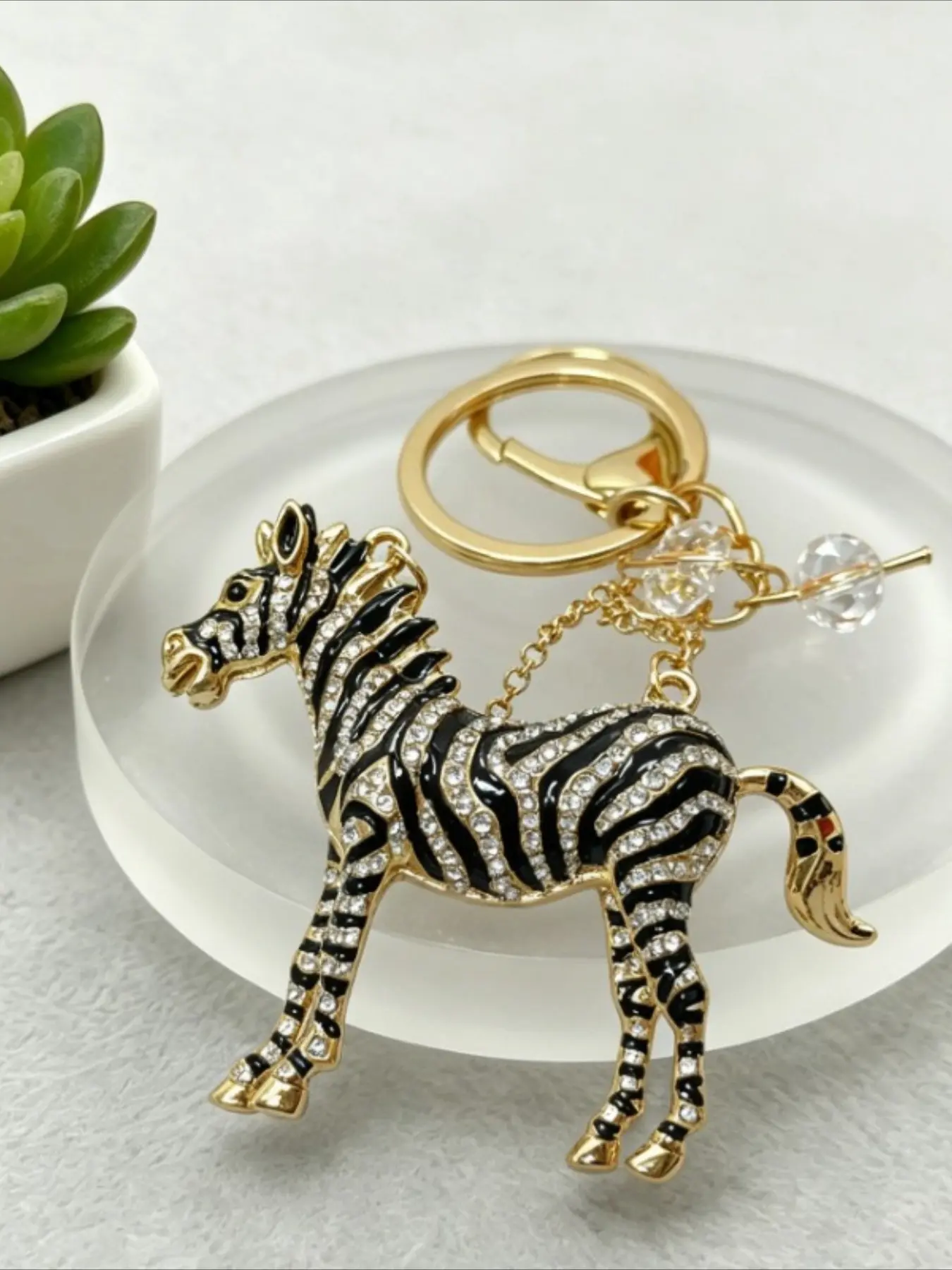 Black Stripe Rhinestone Zebra Keychain Bling Safari Pendant Bag Charm, Wild Animal Gift For Backpack Purse Decor