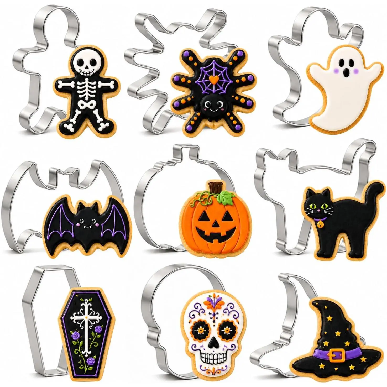 Halloween Cookie Cutters, 9 count Stainless Steel Set | Pumpkin, , bat, skull, spider,  hat, Coffin, Skeleton and  shapes for  baking