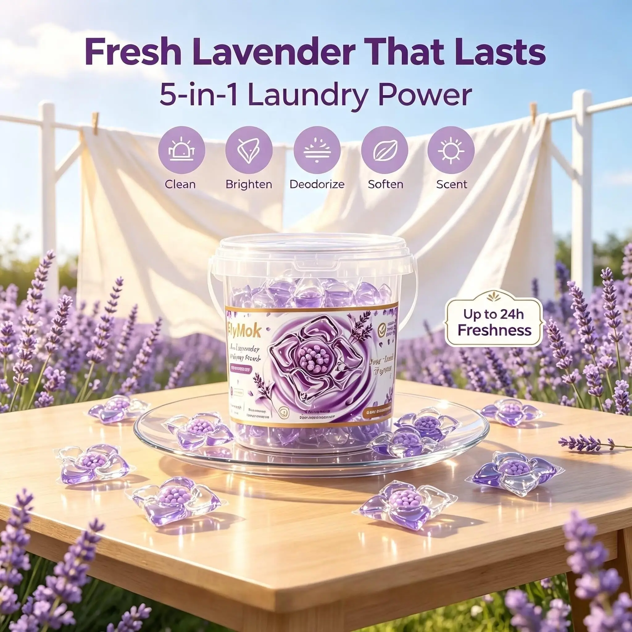 Five-In-One Lavender Laundry Pods, Long-Lasting Fragrance Laundry Capsules, 45 Pieces Per Bucket, Fresh Scented Cleaning Solution
