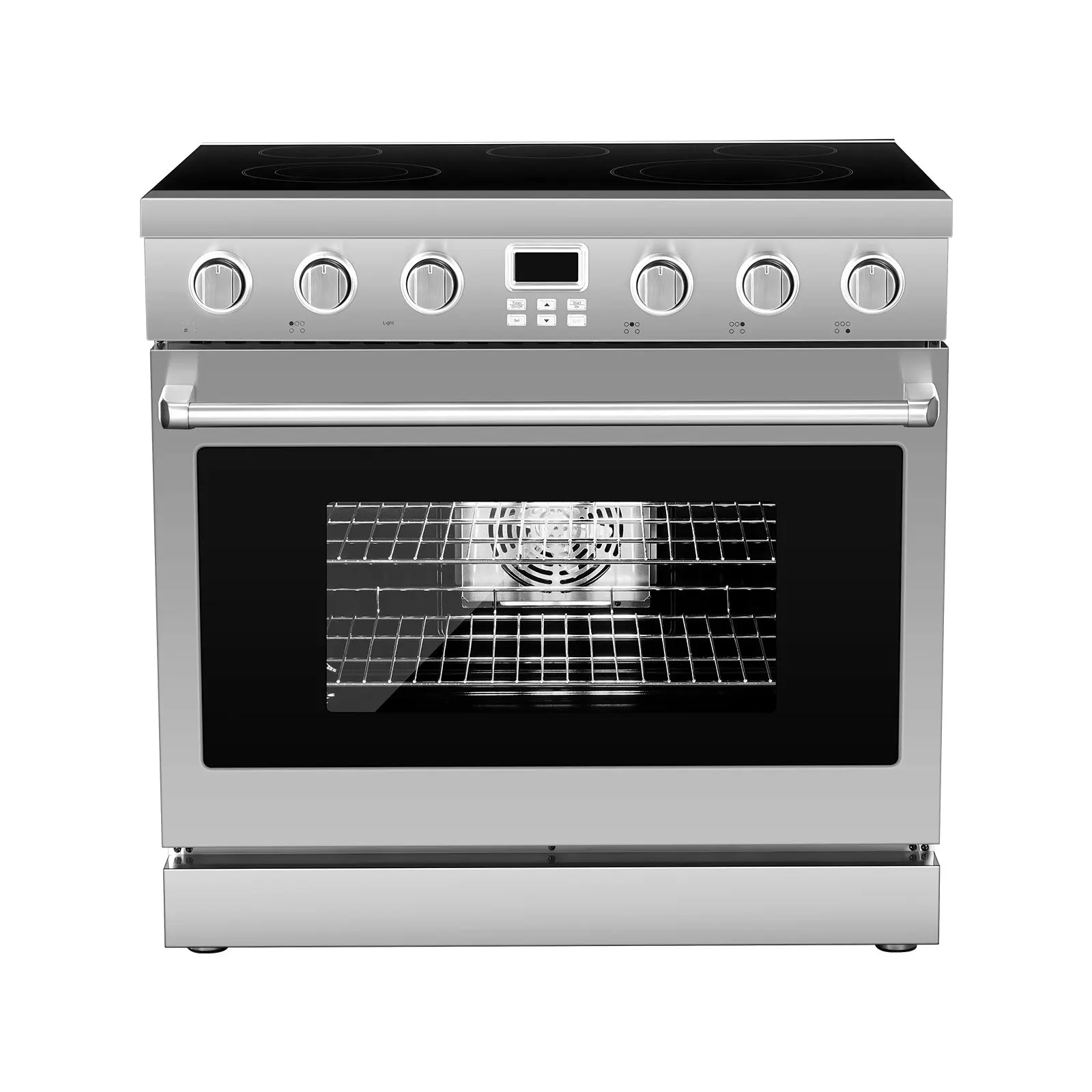 VEVOR 36 in Modern Electric Range Oven, 6.0 Cu. Ft. Compact Freestanding Stainless Steel Kitchen Stove, 5 Burners, Digital Control Screen Buttons, Easy Reach Racks, Bake/Broil for Family Cooks, RV-Ready (No Power Cord)