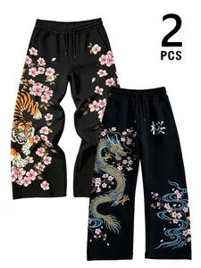 2 PCS Men's Black Drawstring Waist Wide Leg Pants, One Tiger Cherry Blossom Print And One Dragon Cherry Blossom Chinese Character Graphic, Loose Straight Street Fit, Traditional Oriental Daily Trousers