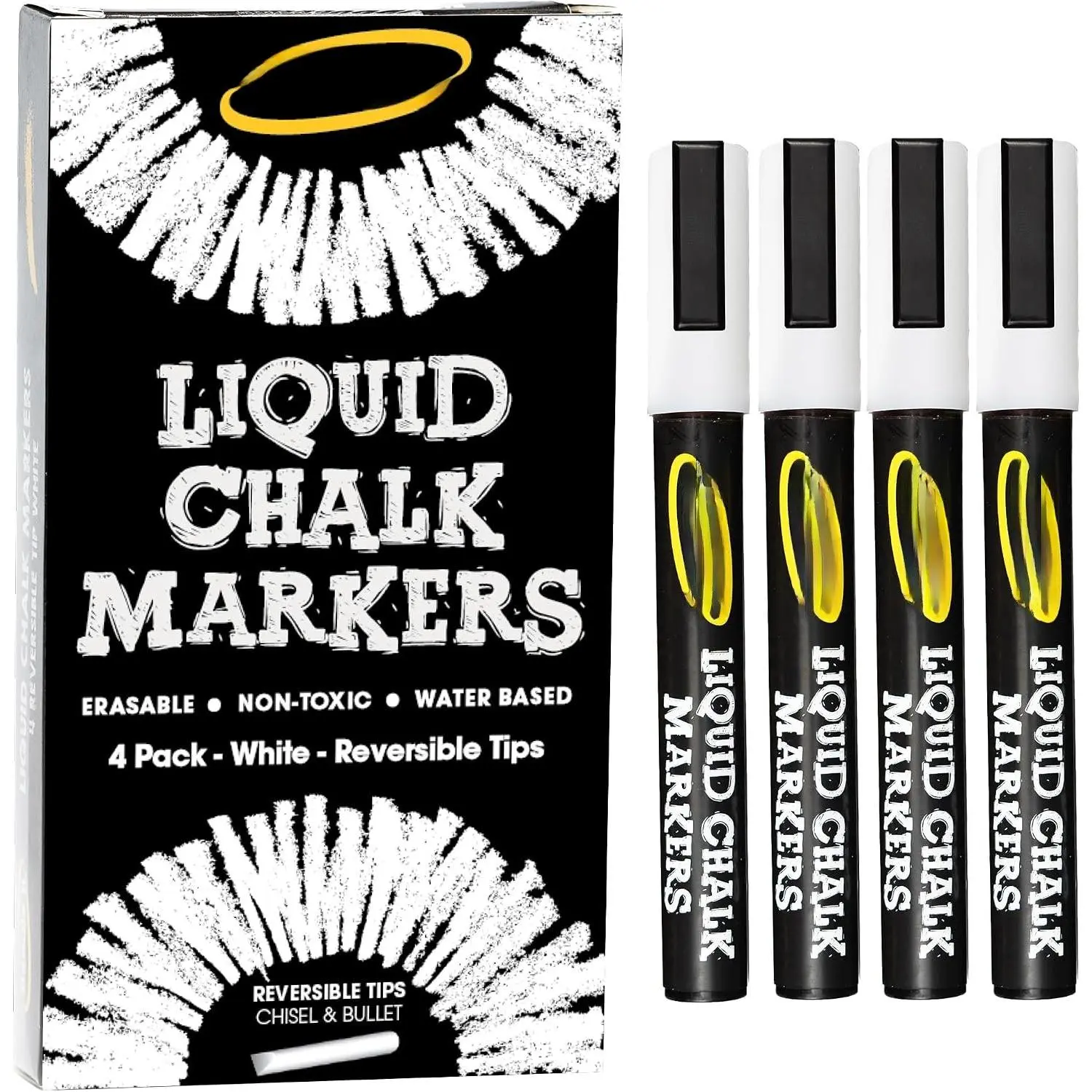 Chalk Markers - 4 White, Erasable, Water-Based, 6mm Reversible Tips, Bright Colors, Crisp White for Kids and Grown-Ups, Suitable for Glass Surfaces and Chalkboards, Ideal for Businesses, Restaurants