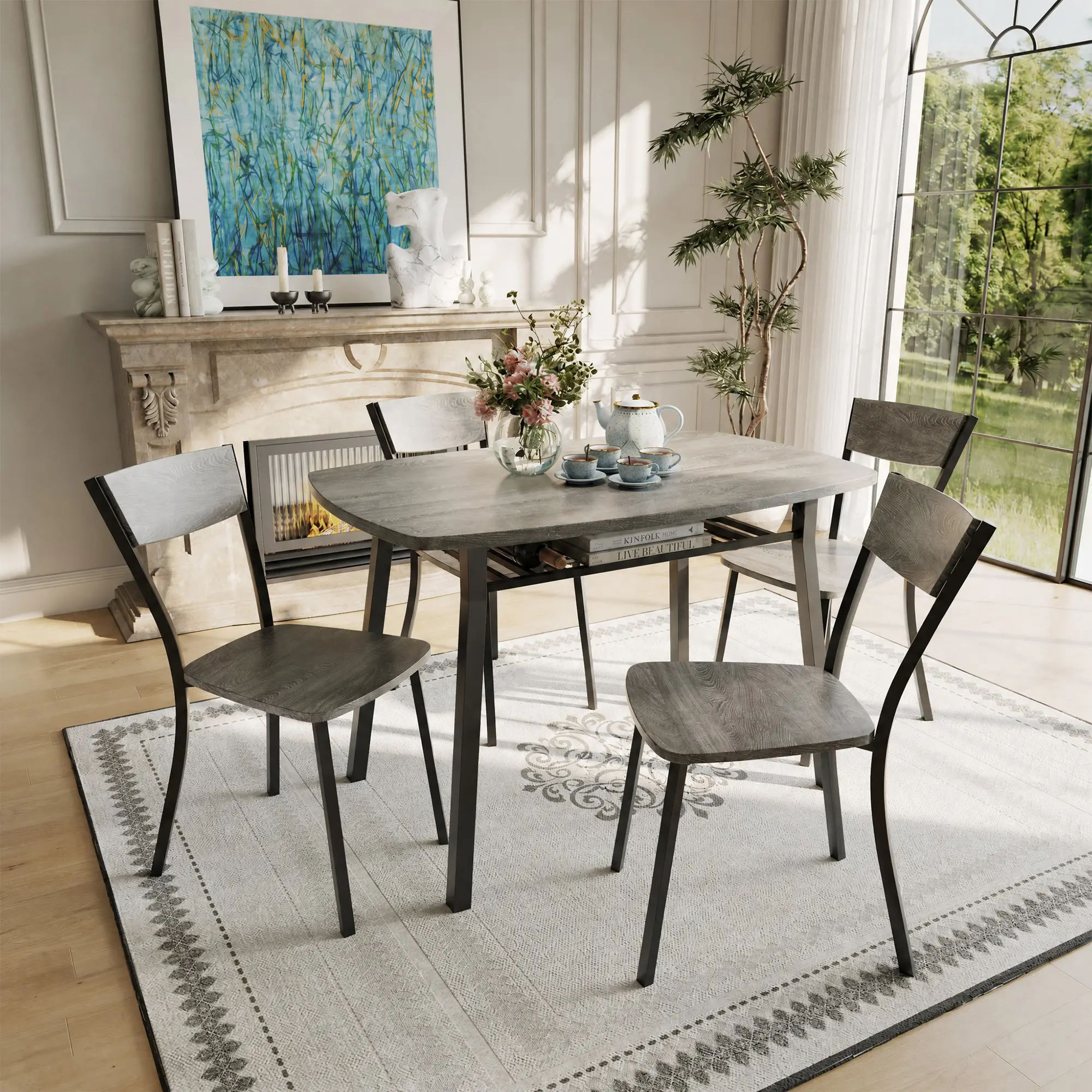 5 Piece Dining Table Set for 4, 43.3-Inch Kitchen Table and Chairs Set of 4 with Storage Rack, MDF Square Dining Room Table Set with Rounded Corners,Space Saving for Small Apartment, Rounded Corners, Gray