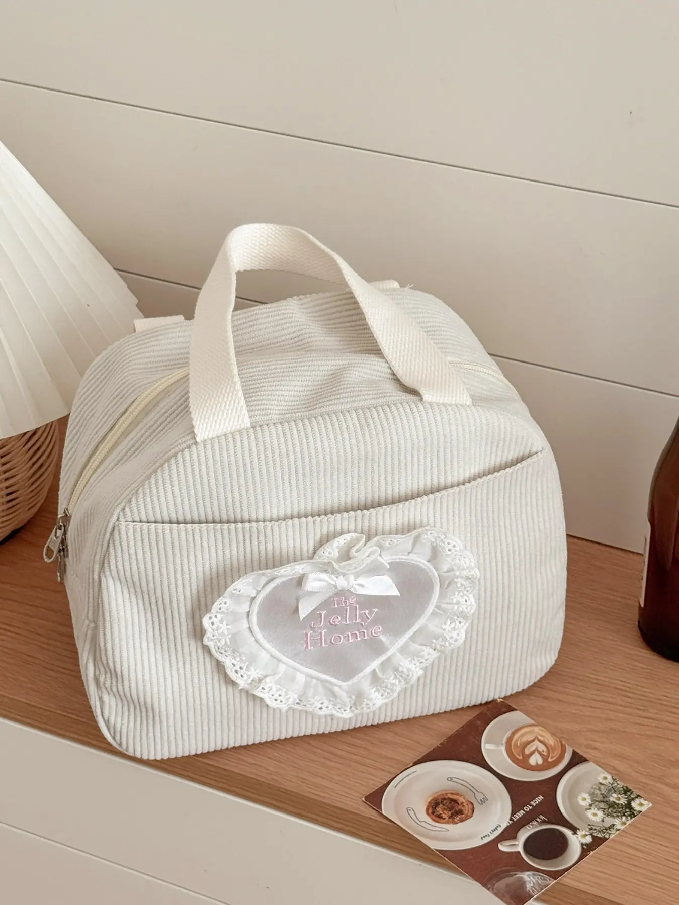White Corduroy Lunch Bag with Cute Lace Heart, Large Capacity Insulated Bento Box Tote, Commuter Food Storage Gift for Her