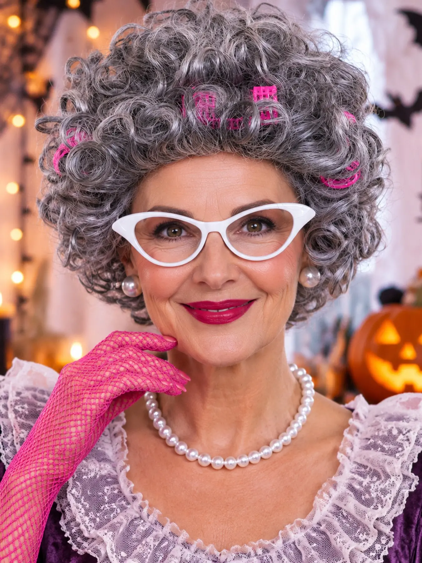 Mix Fluffy Short Curly Grandma Costume Wig, Free Gift Glasses & Pearl Necklace, Halloween Party Cosplay Hair Wig