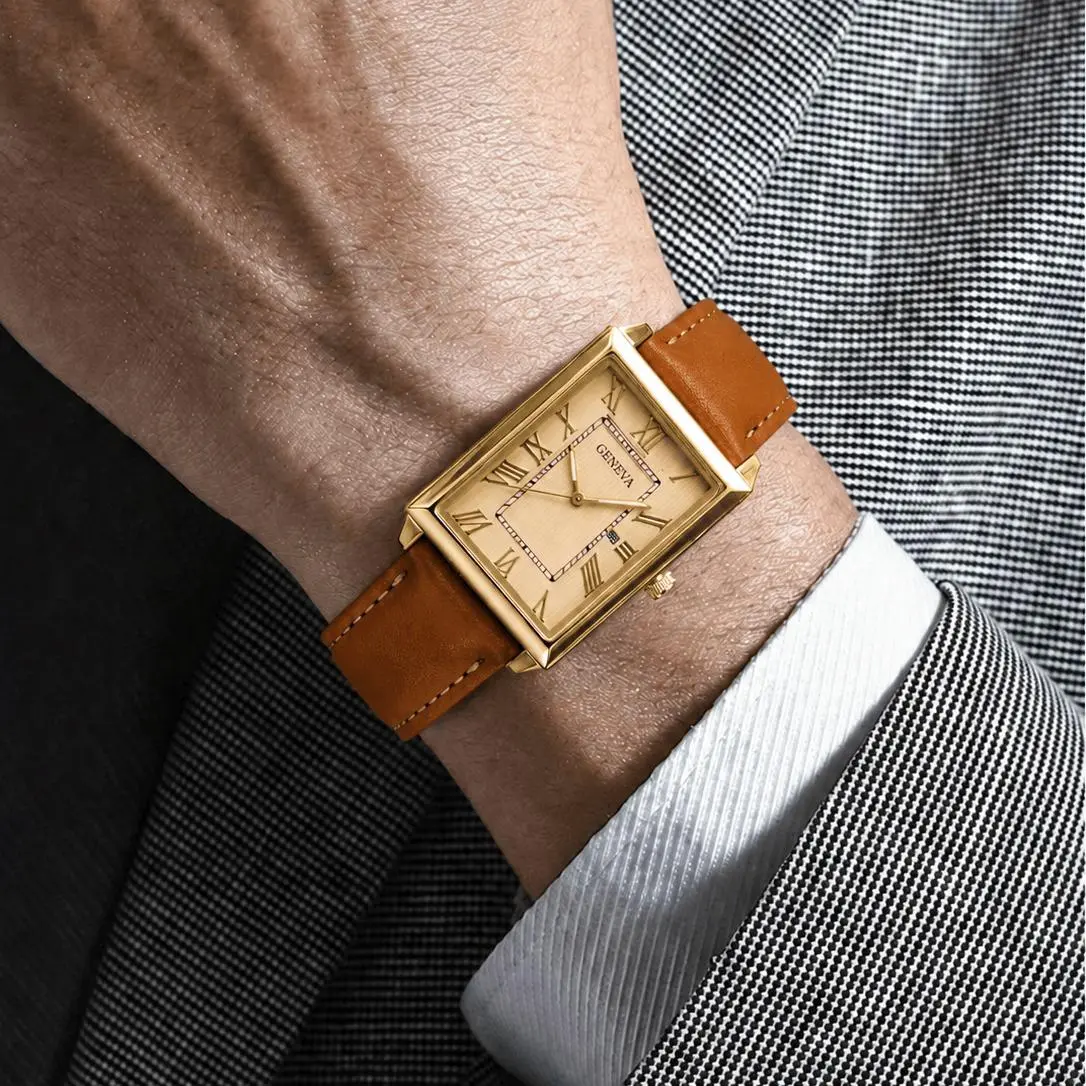Men's Minimalist Classic Golden Rectangular Quartz Analog Male Watch - Brown PU Leather Strap Fashion Casual Timepiece for Birthday, Father's Day Gifts
