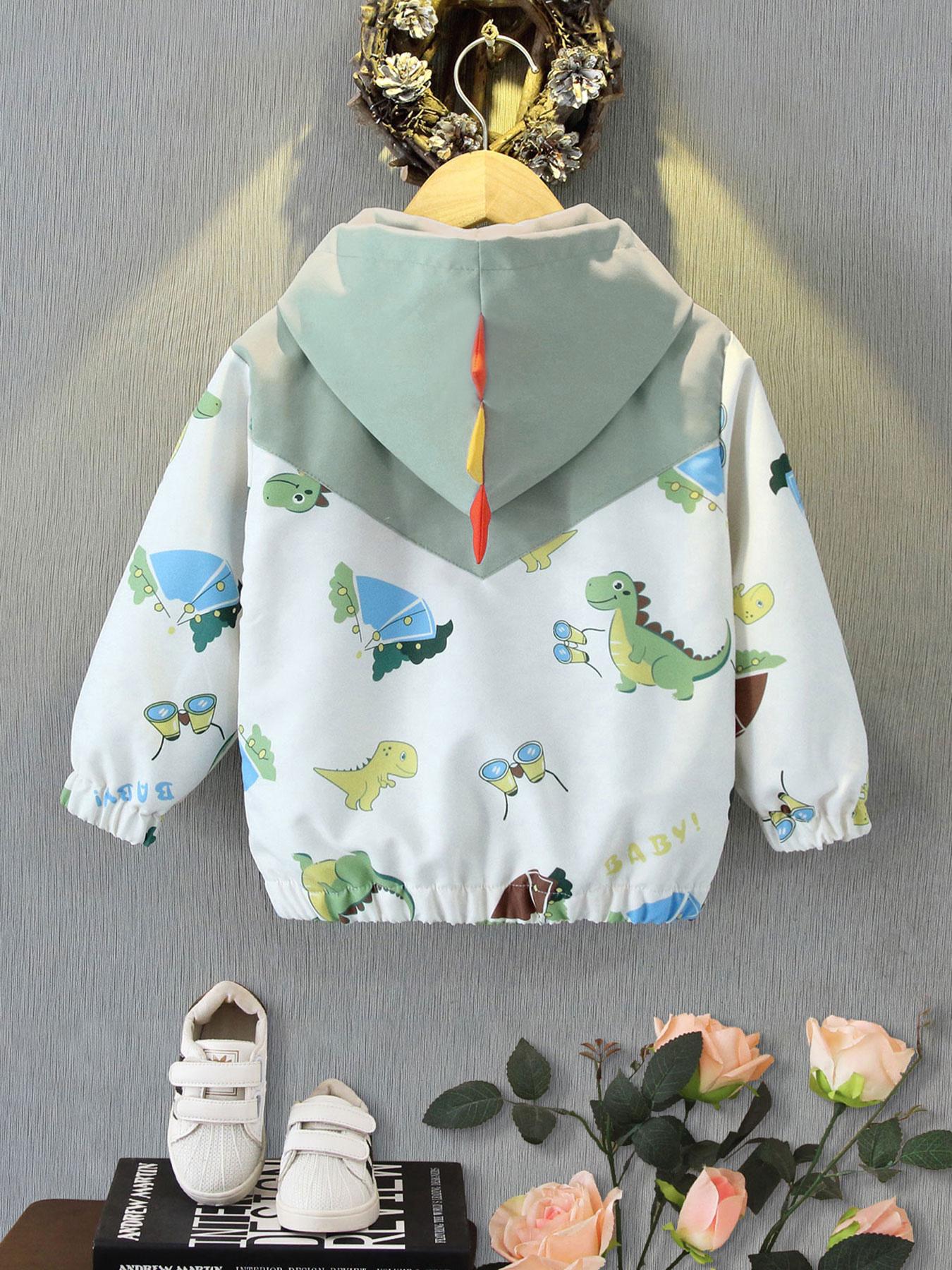 Boy's Cartoon Dinosaur Print Zip Up Hooded Jacket, Cute Casual Long Sleeve Outerwear for Spring & Fall, Kids Clothes for Daily Wear