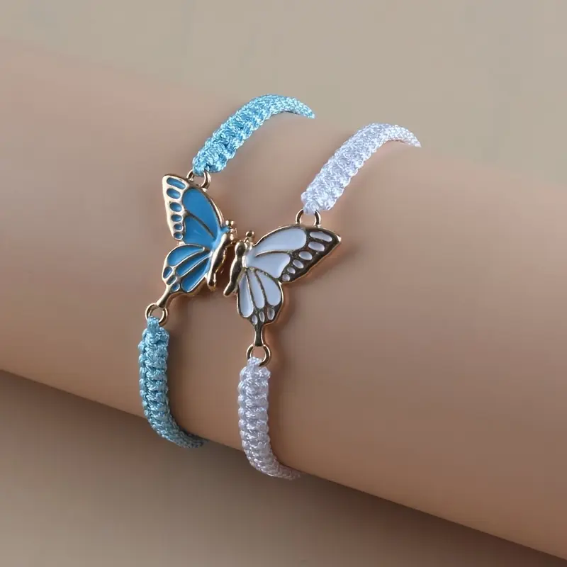 2Pcs Boho Handmade Woven Bracelet Set - Enamel Butterfly Charm Couples Lucky Jewelry Handcrafted Nylon Cord Adjustable Wristband For Men Women Daily Wear Couples Gift