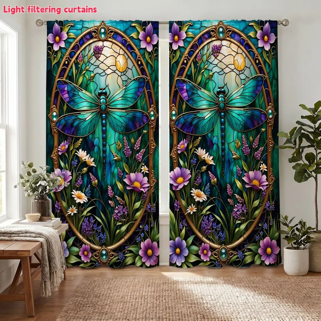 2Pcs Stained Glass Dragonfly Curtains Light Filtering for Living Room Bedroom