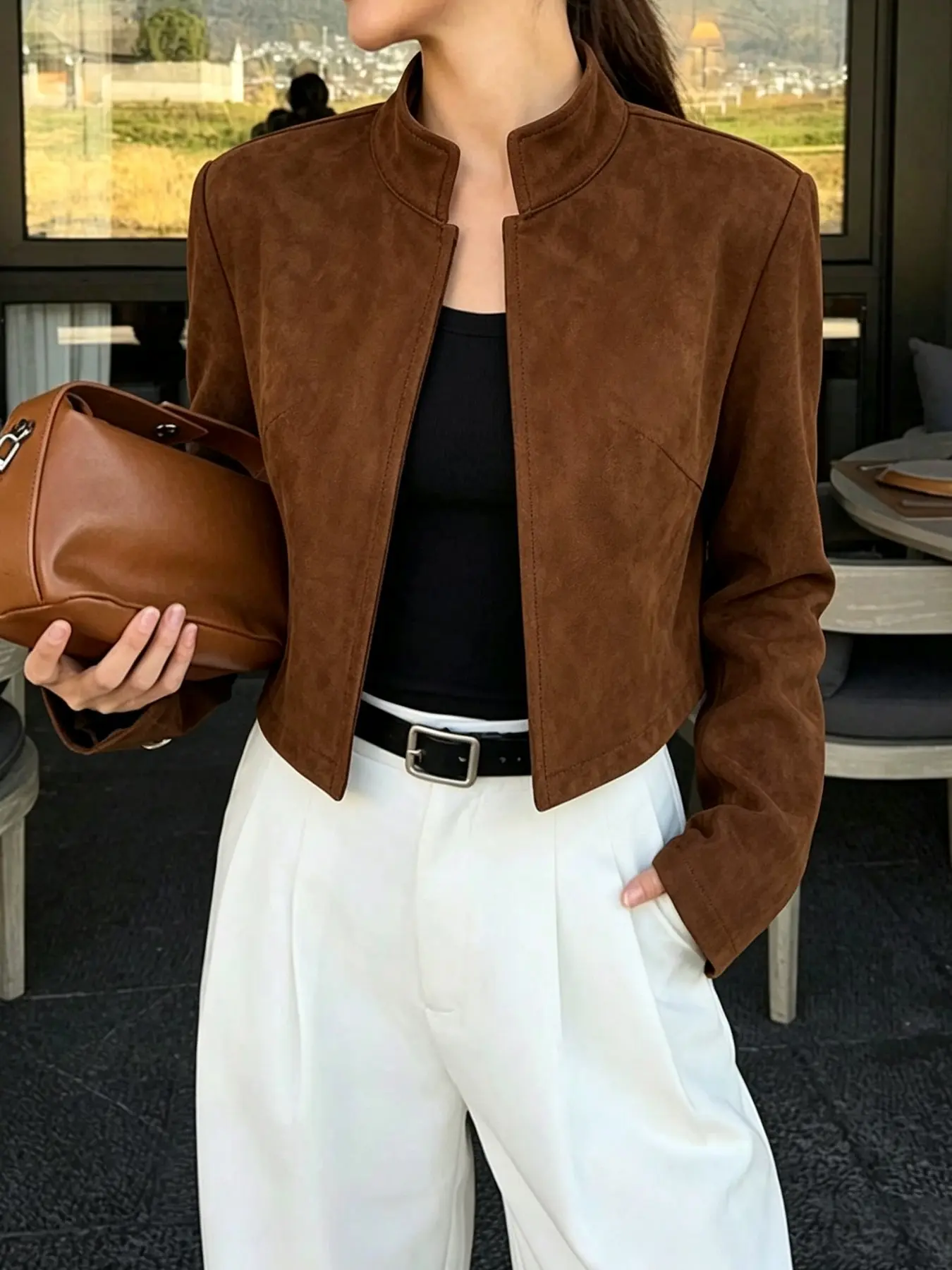 Women's Faux Suede Cropped Jacket, Stand Collar Open Front Long Sleeve Short Jacket, Vintage Casual Cropped Outerwear, Suitable for Autumn Daily Office Commute, Fall Winter Fashion Outfits, Women's Outerwear, Autumn Outerwear, Casual Layering Piece