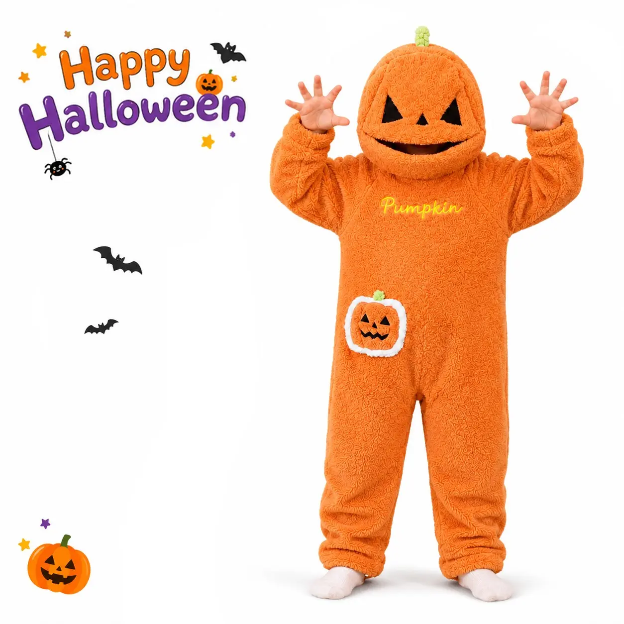 Kids Pumpkin Halloween Costume, Plush Hooded Jack-O'-lantern, Funny Pumpkin Face Design, Cozy Dress-Up for Parties, Trick-Or-Treat, Cosplay
