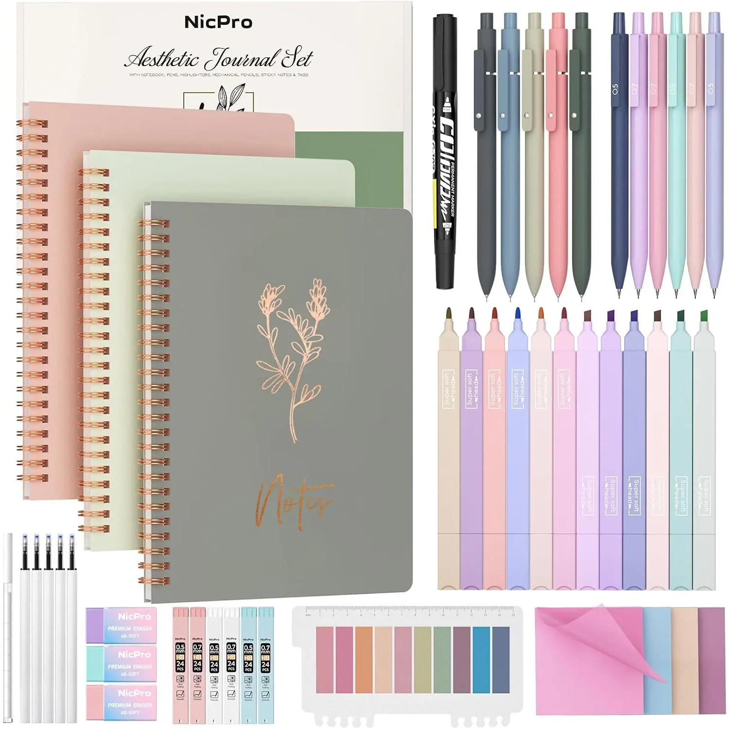 Nicpro 50PCS Cute Women's A5 Spiral Notebook Stationery Gift Pack - 3PCS Notebooks, Writing Tools, Sticky Notes, Tabs - School Supplies for Study & Bible Journal