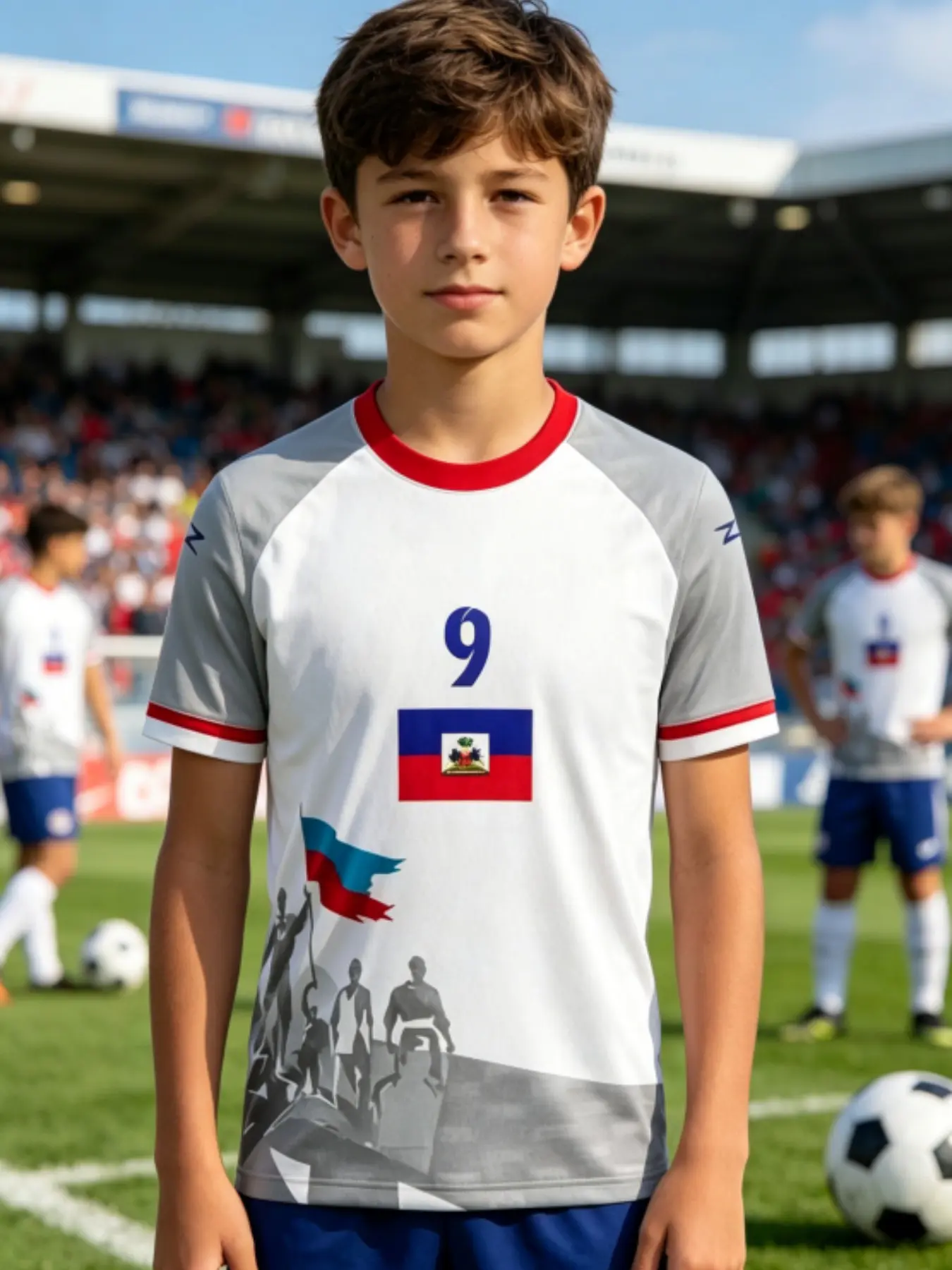 Haiti Flag Print Soccer Jersey, Short Football Jerseys, Boy's Short Sleeve Sports Top, Patriotic Summer Football Clothing, Slim Fit, Cartoon Pattern