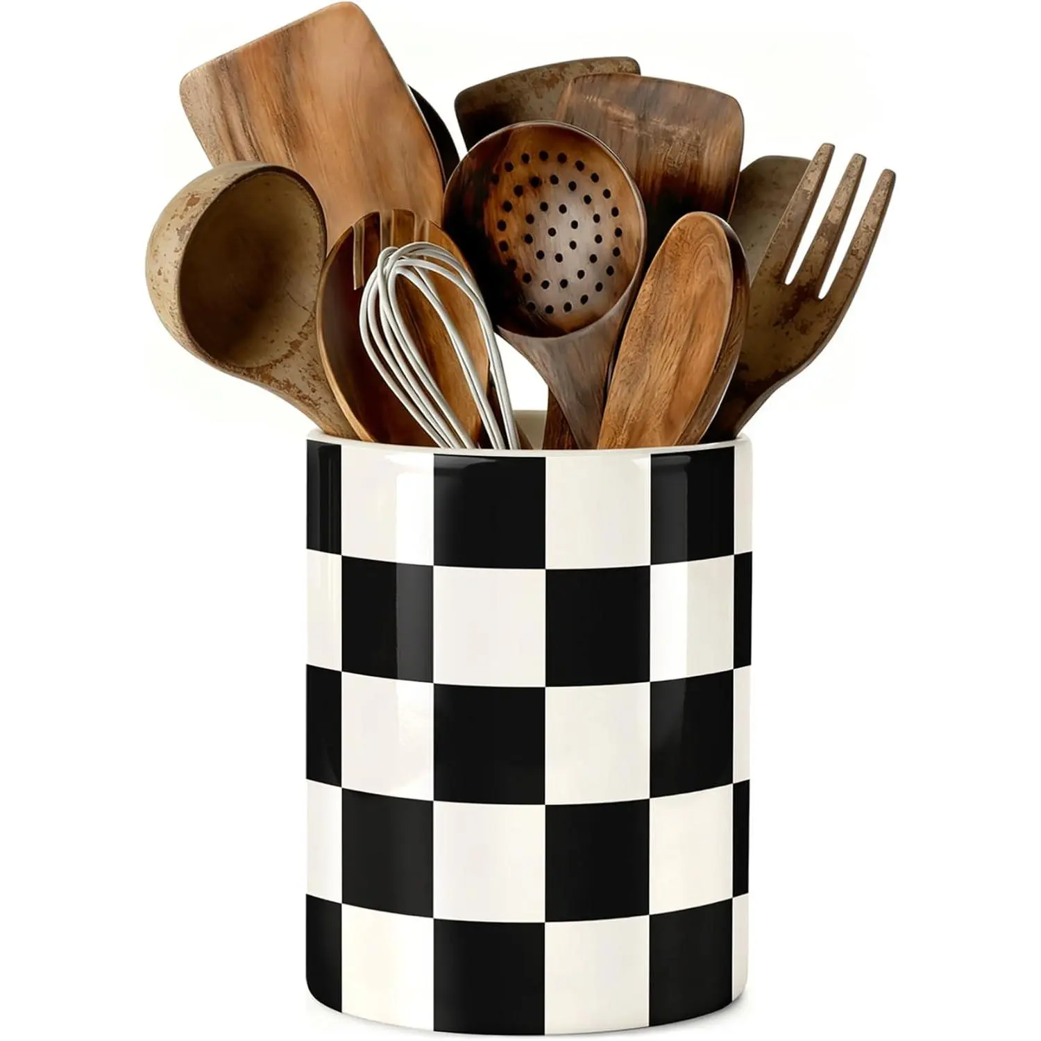 Kitchen Utensil Holder, Black and White Checkered Ceramic Utensil Holder , Cooking Utensil Crocks for Kitchen Countertop, Kitchen Decorations Rustic Farmhouse Decor