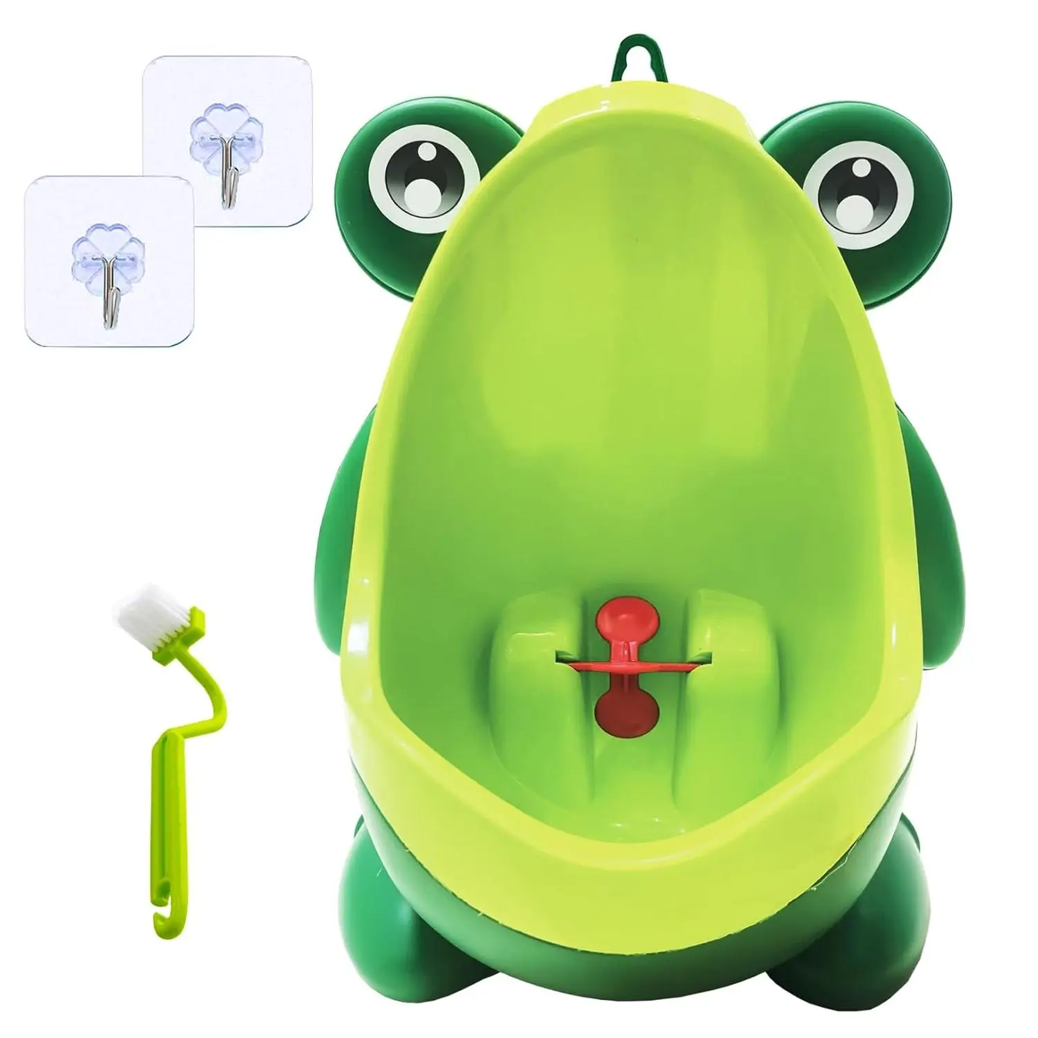 Frog Pee Training with Brush and Hooks, Green Cute Potty Training Urinal,Potty Training Toilet  Boys Kids Toddler with Funny Aiming Target,Frog Shape Pee Trainer